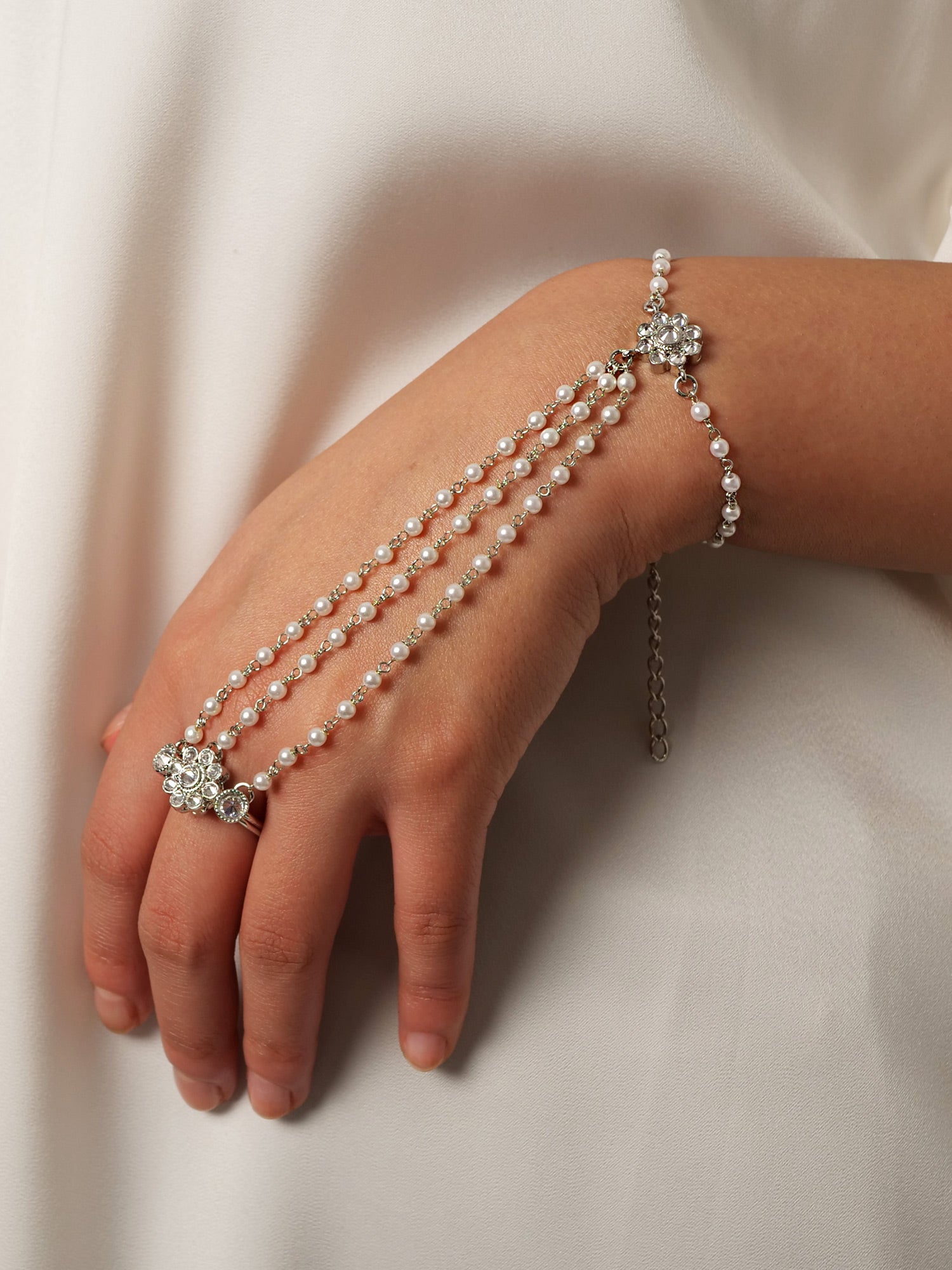 Forever Floral Triple Hand Chain in Pearl and Rhodium