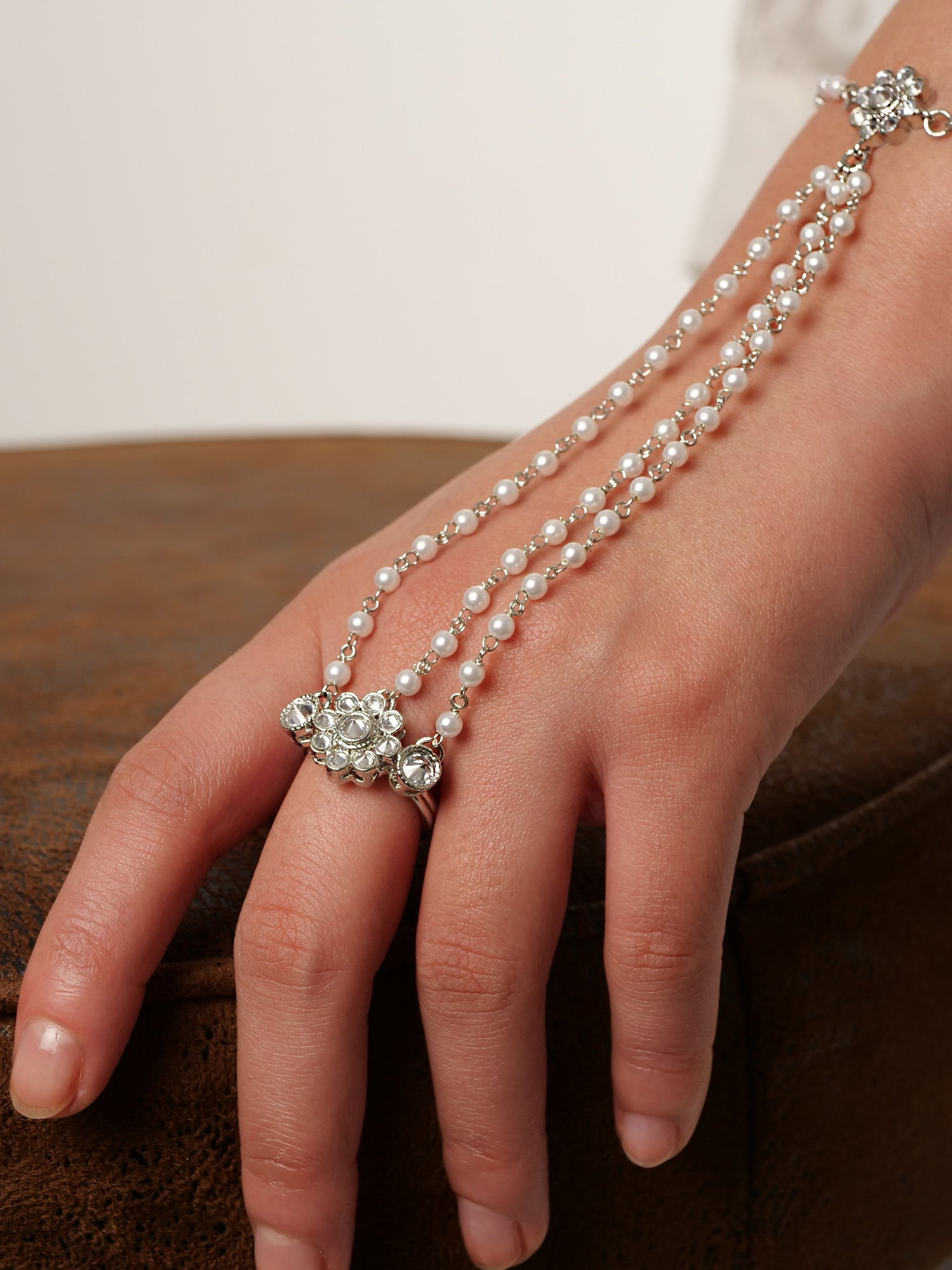 Forever Floral Triple Hand Chain in Pearl and Rhodium