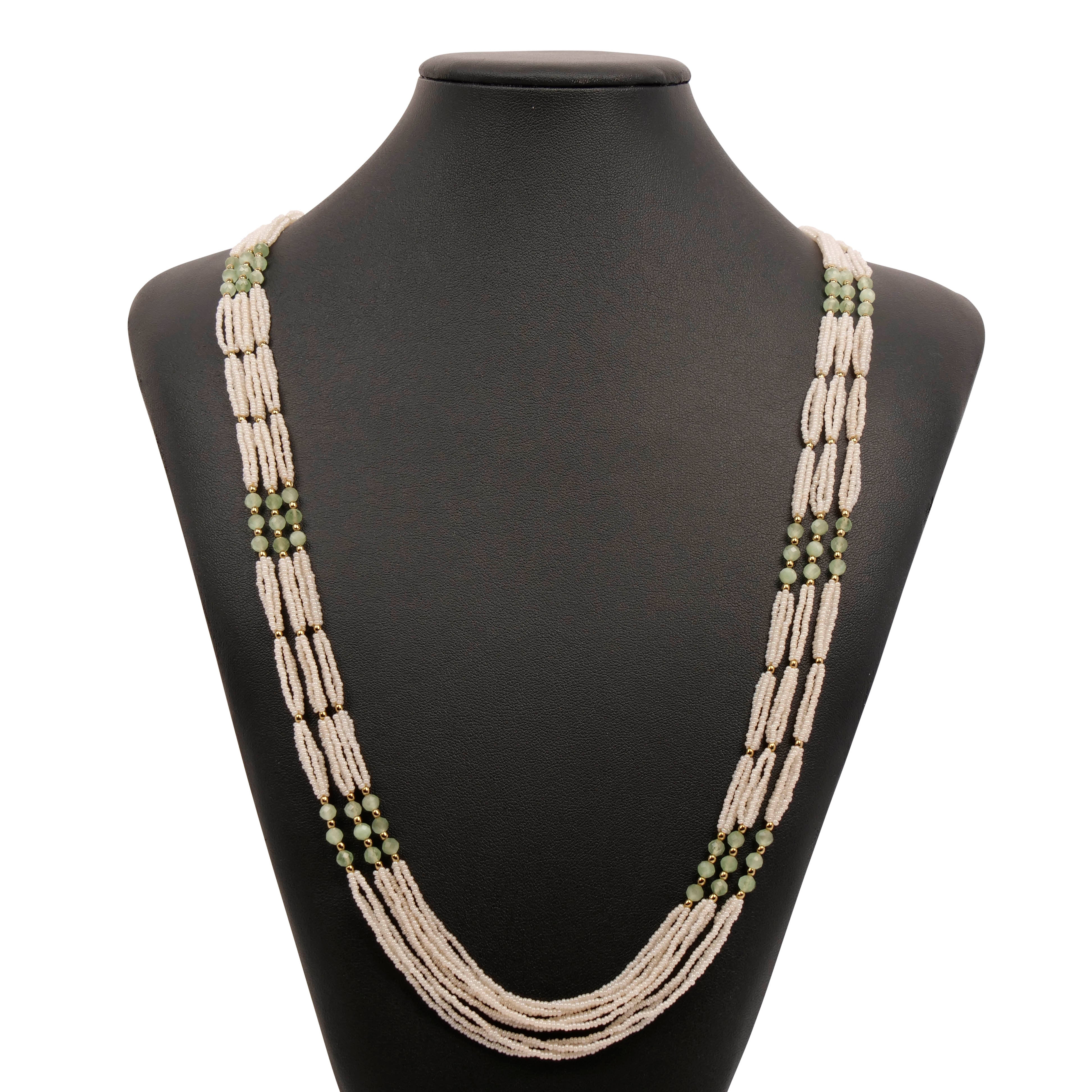 Layered Pearl and Mint Bead Long Necklace