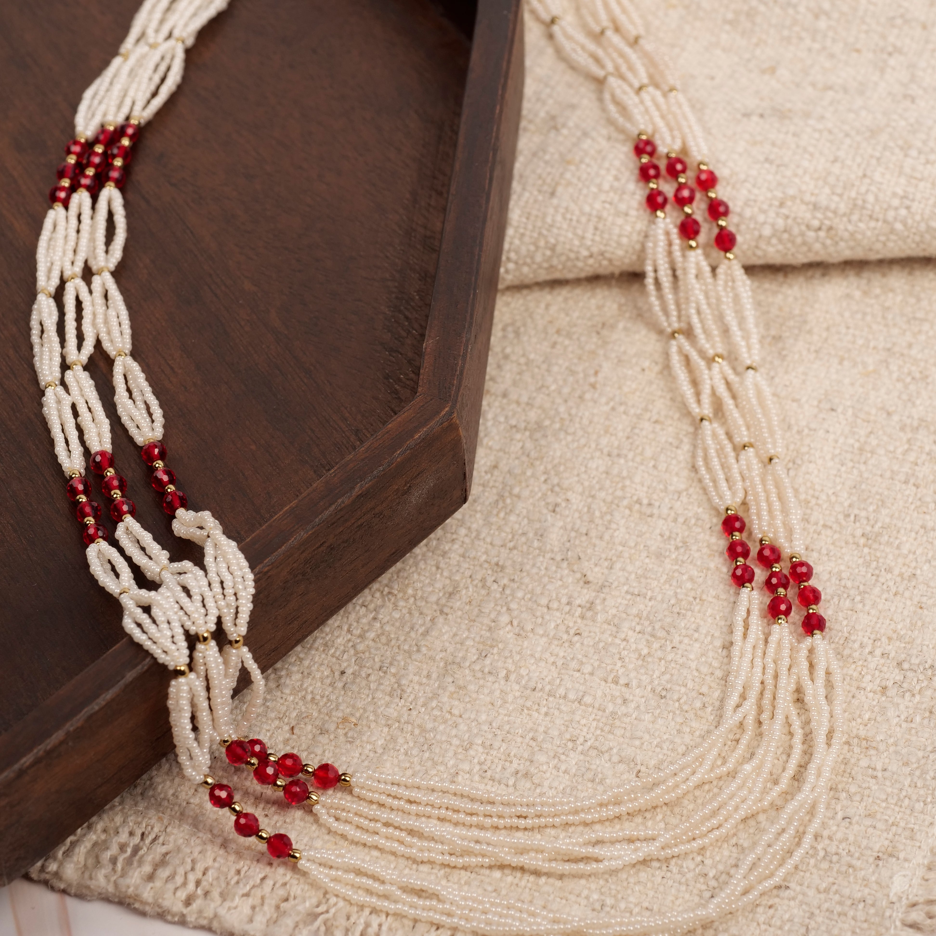 Layered Pearl and Maroon Bead Long Necklace