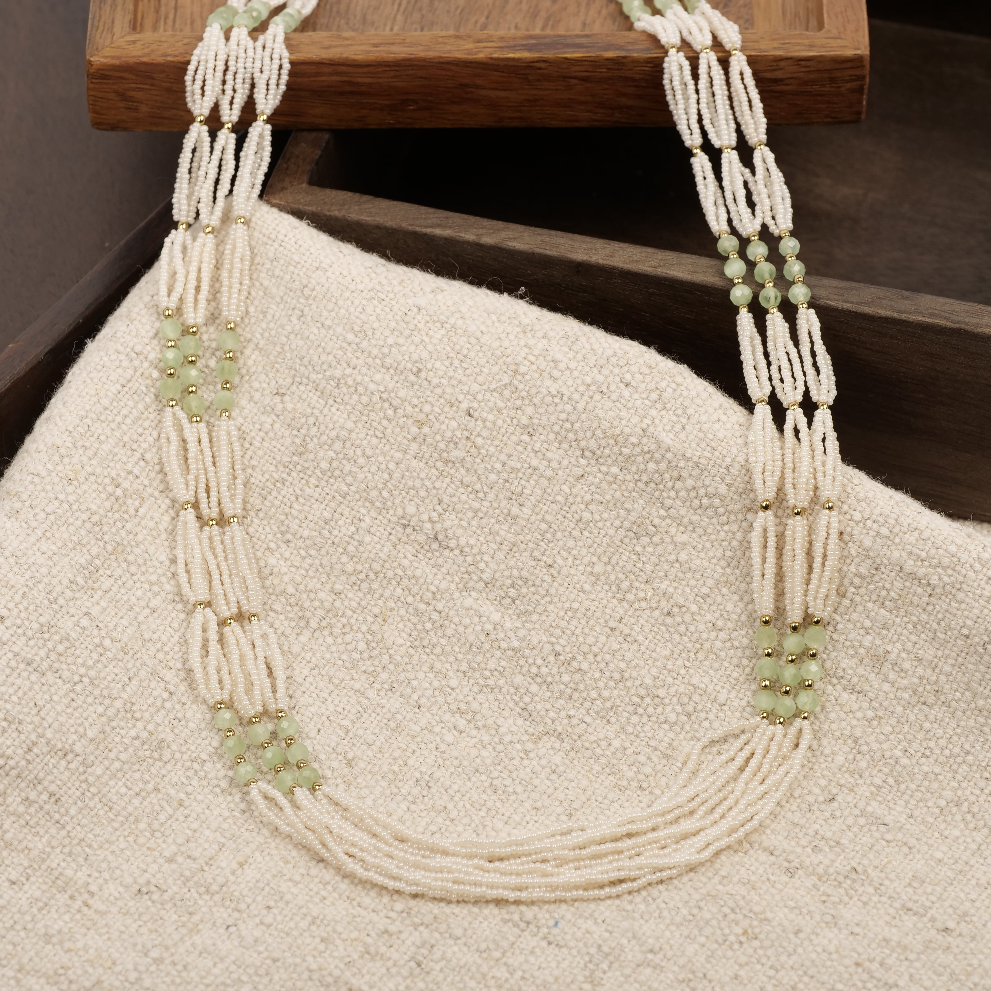 Layered Pearl and Mint Bead Long Necklace