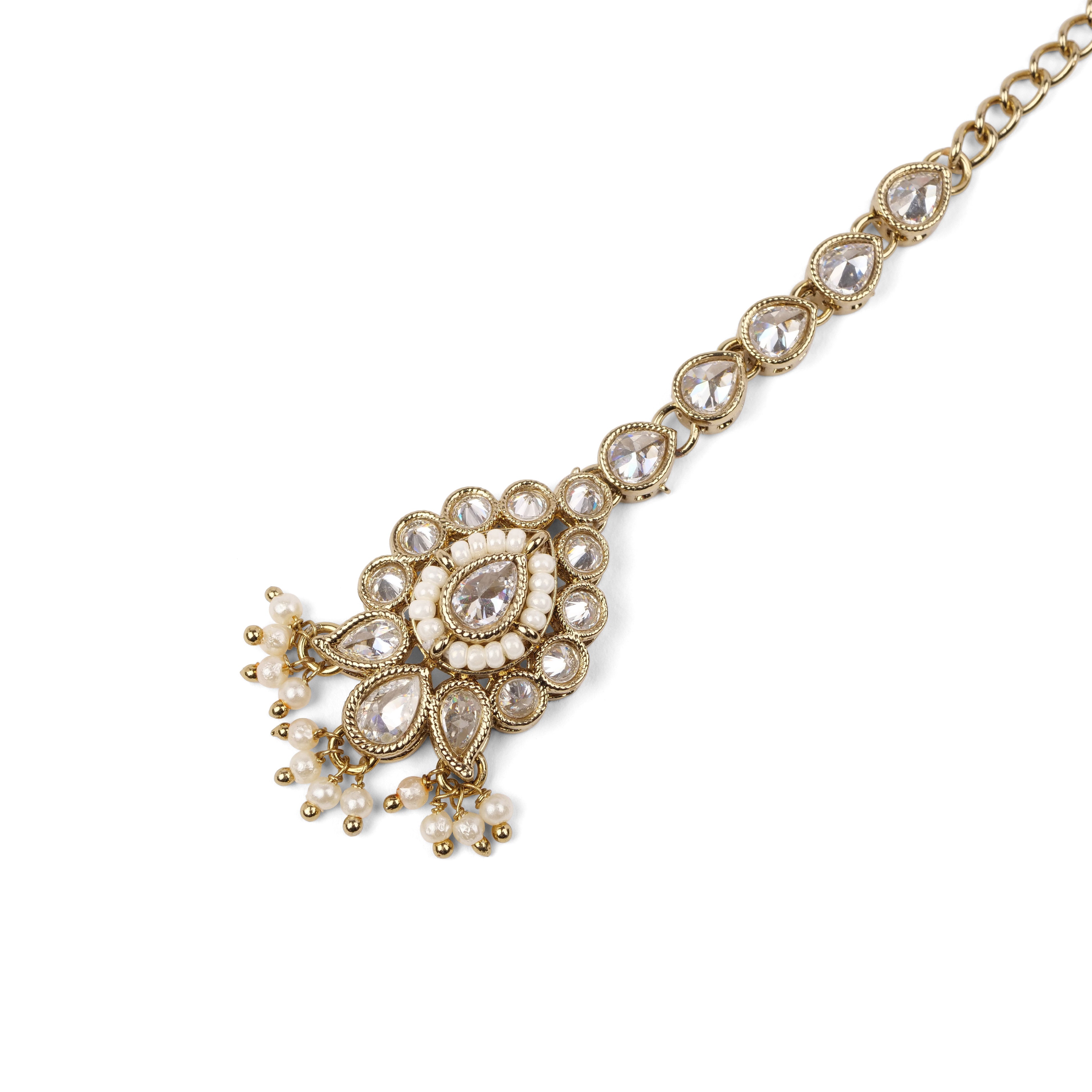 Nihari Pearl and Antique Gold Maang Tikka in White
