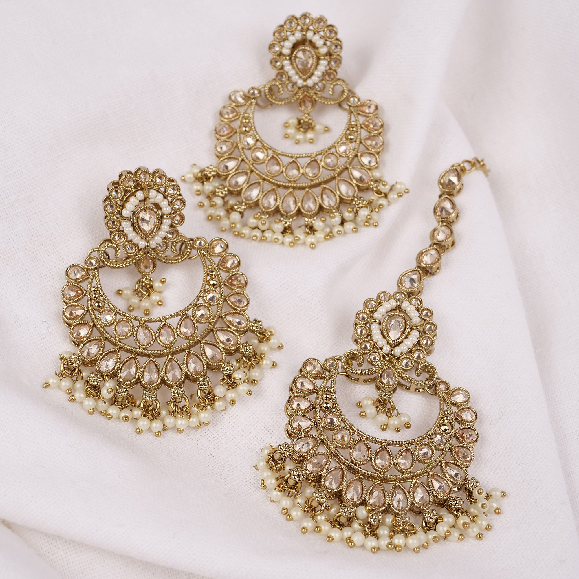 Raahi Pearl Chandbali Earrings in Antique Gold