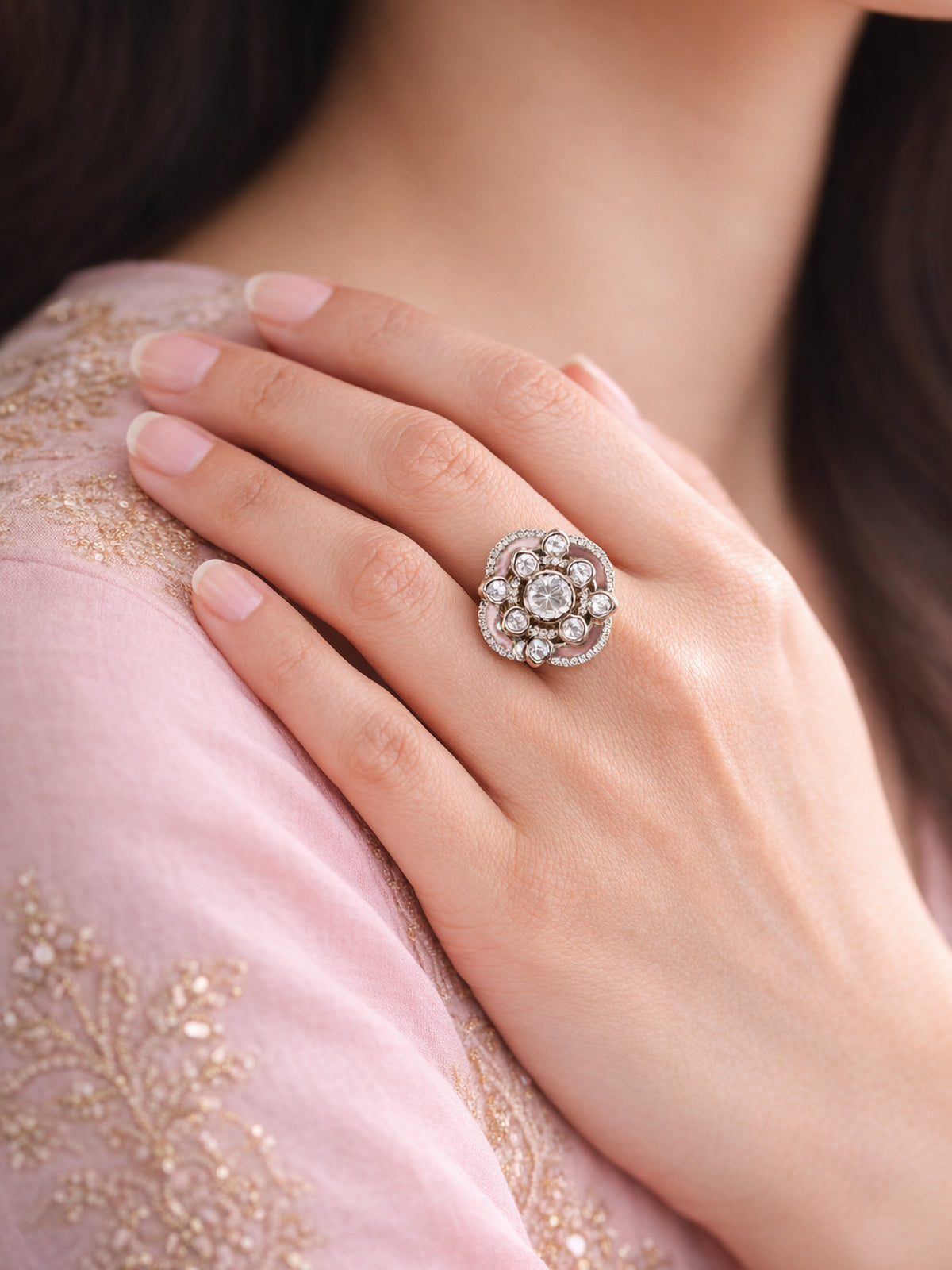 Raishma Kundan Ring in Pink
