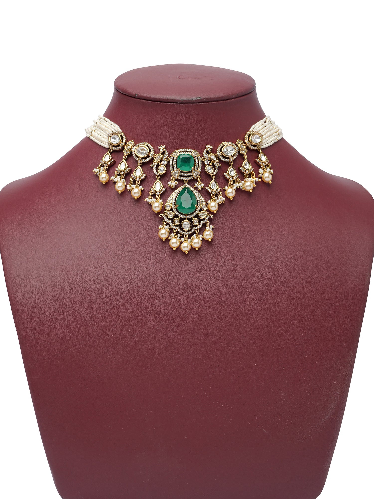 Rajkumari Kundan Necklace Set in Green and Pearl