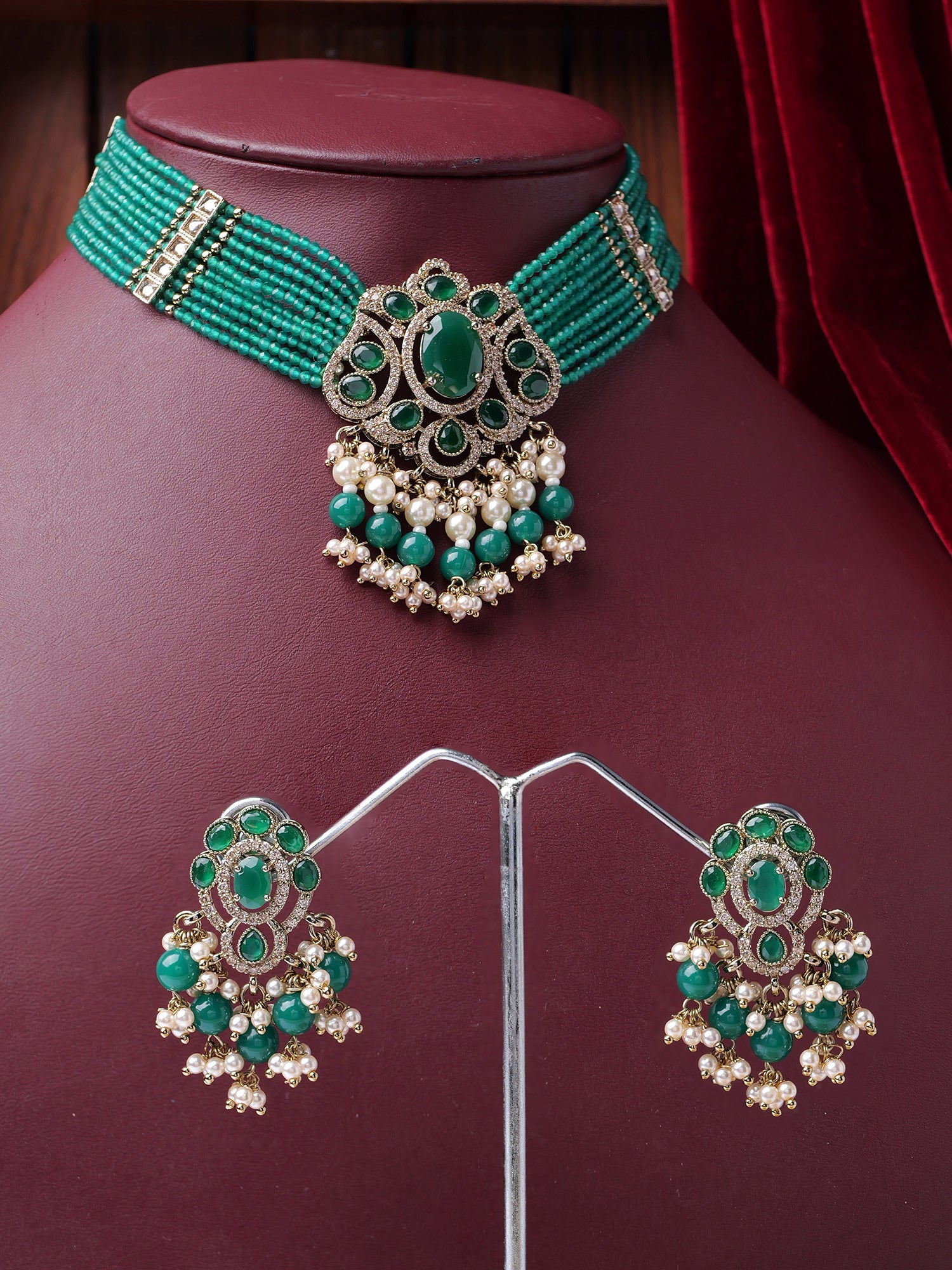 Rajmoti Necklace Set in Green