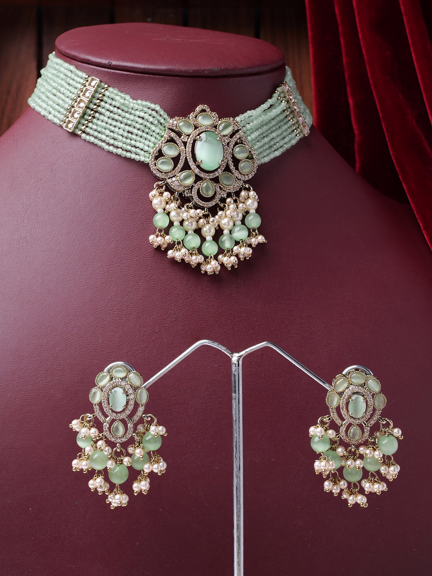 Rajmoti Necklace Set in Mint