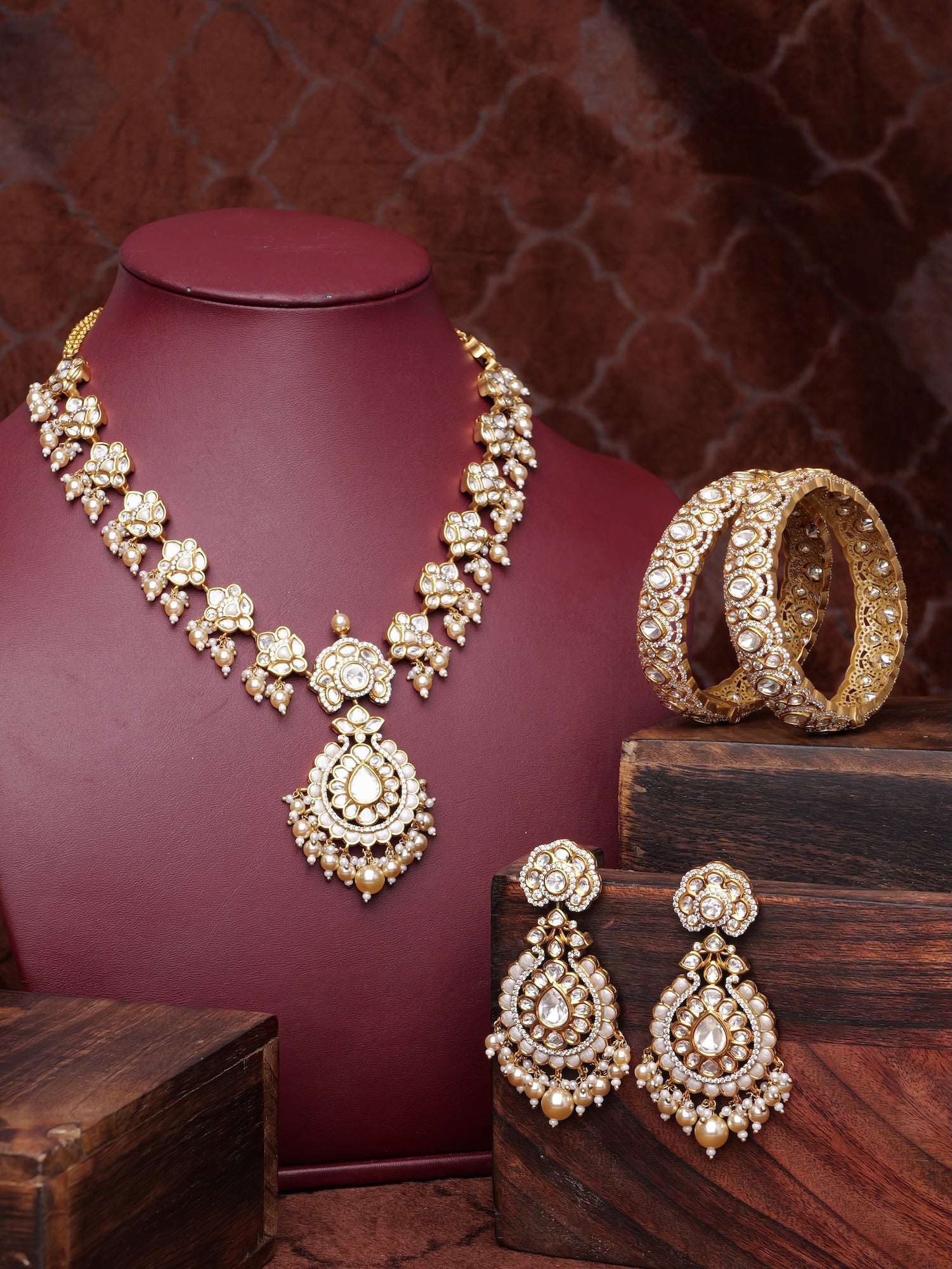 Rameena Kundan Necklace Set in White Minakari and Pearl