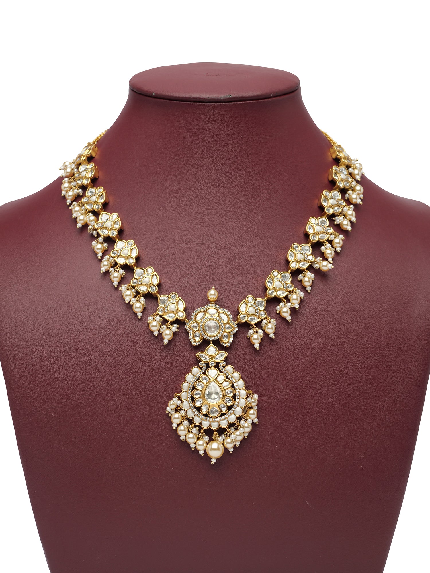 Rameena Kundan Necklace Set in White Minakari and Pearl
