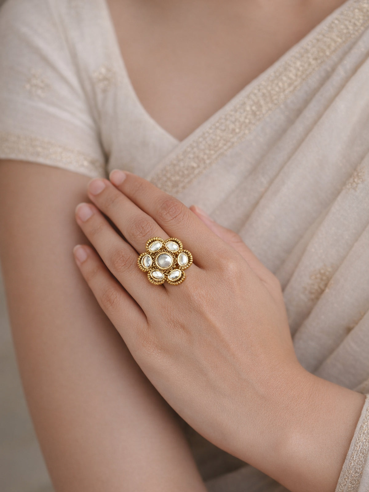 Rashi Kundan Ring in White