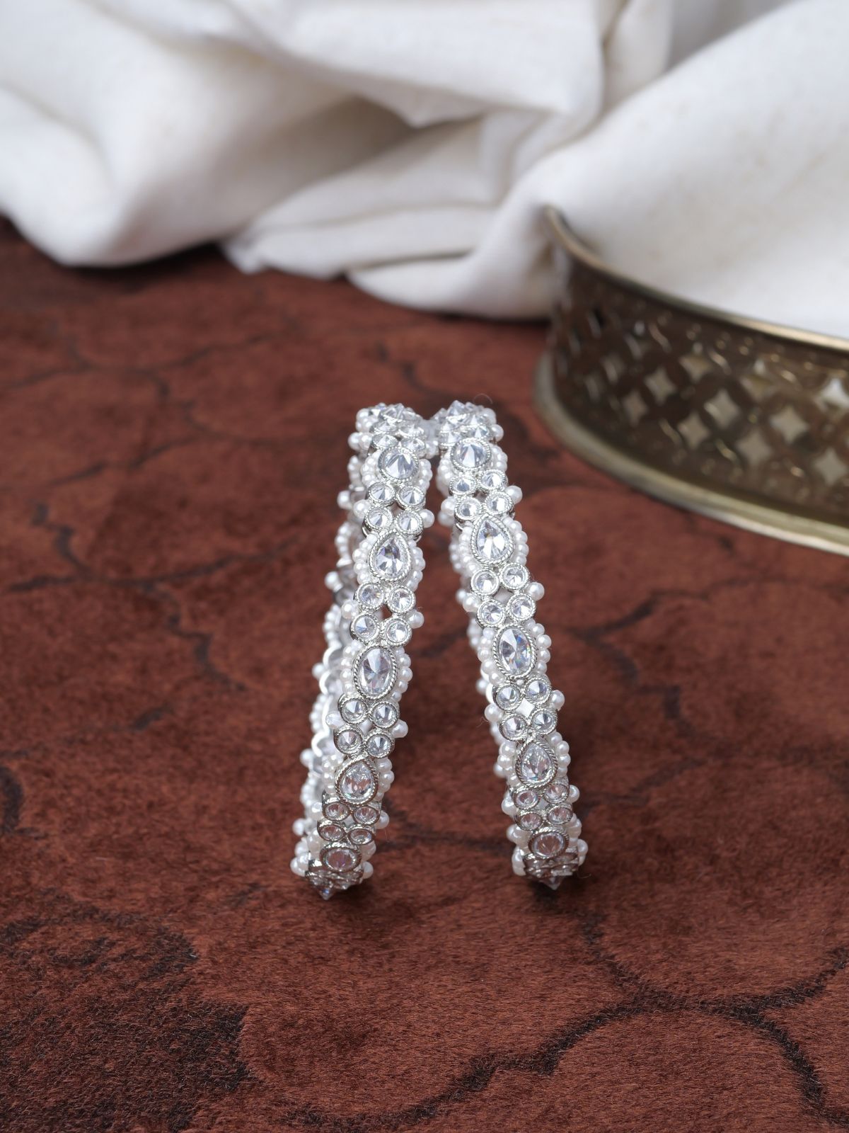 Reina Pearl Kada Bangles in Rhodium