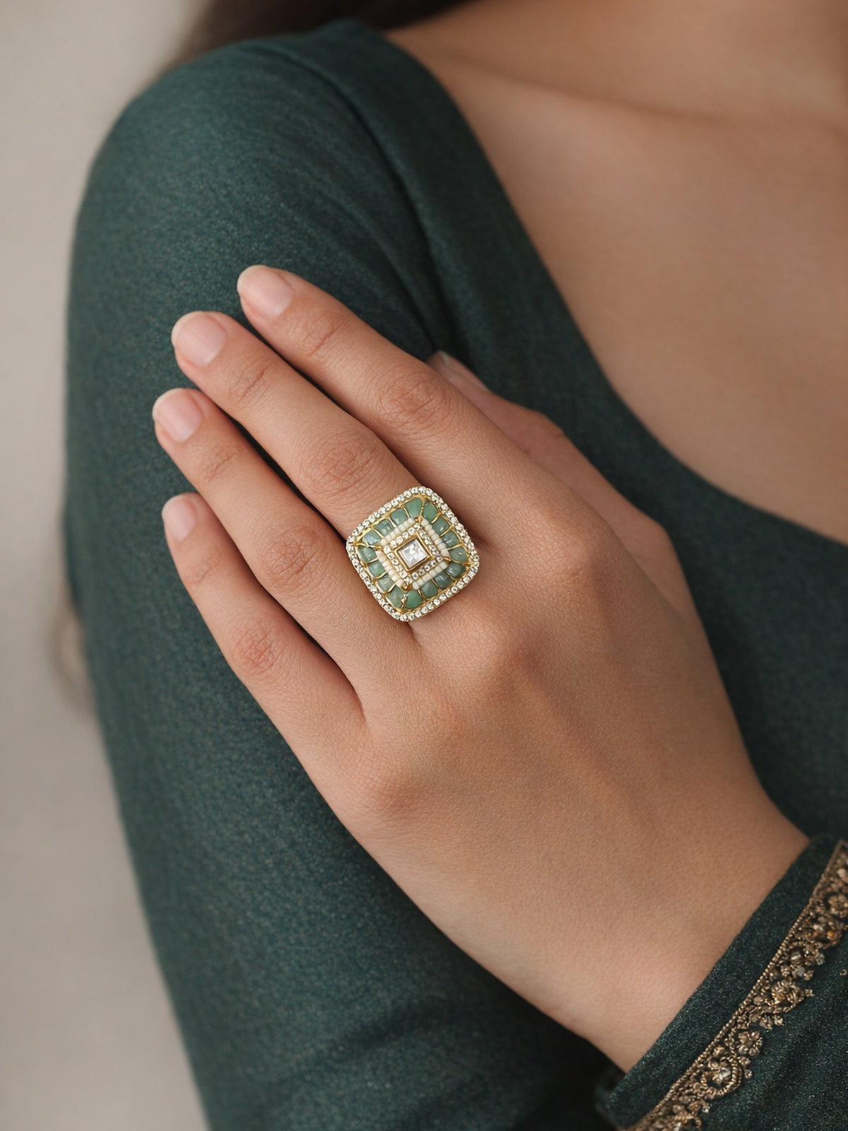 Ritika Kundan Ring in Pastel Jade