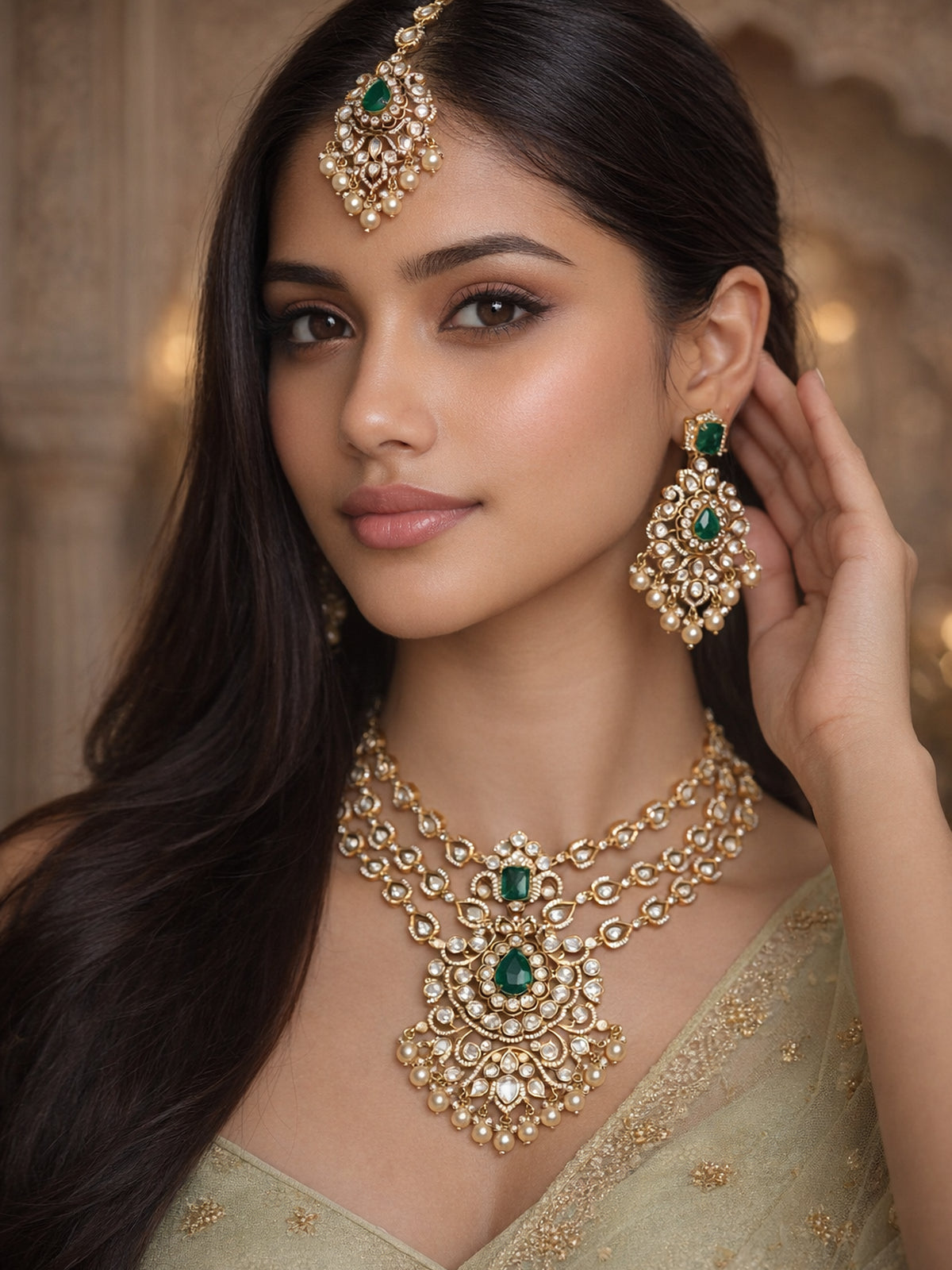 Roopkala Kundan Bridal Necklace Set in Green and Gold