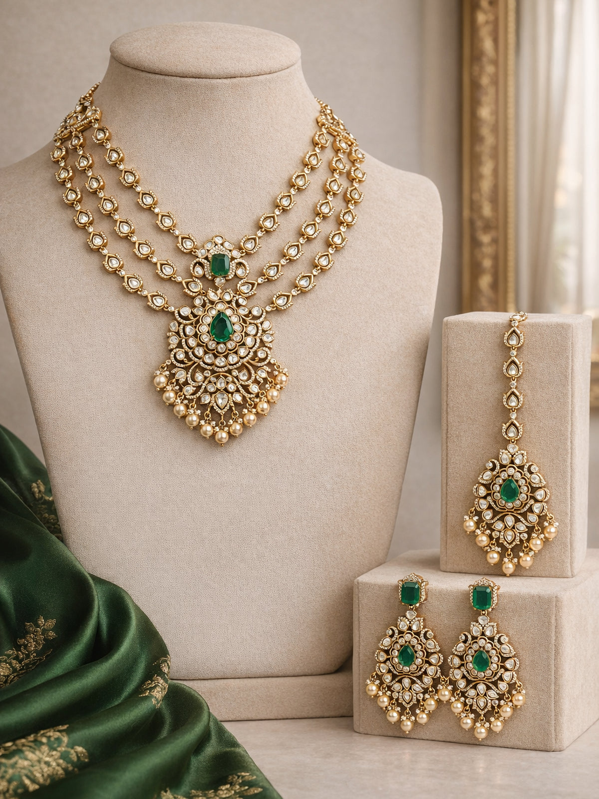 Roopkala Kundan Bridal Necklace Set in Green and Gold