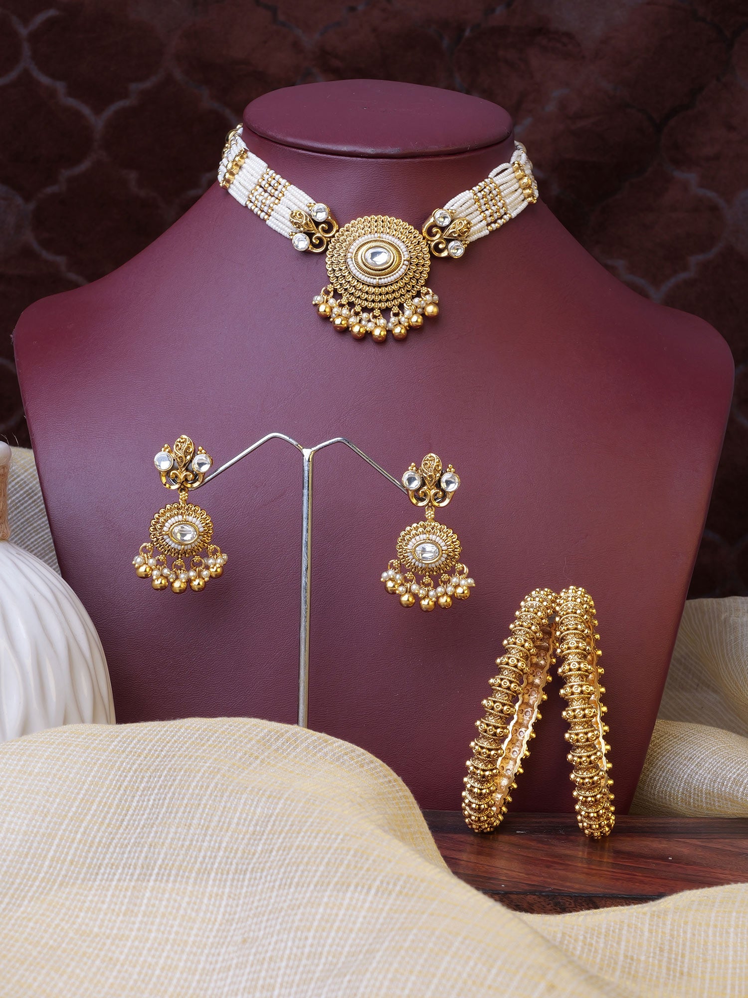 Roshani Classic Choker Set in Pearl and Gold Oxidised