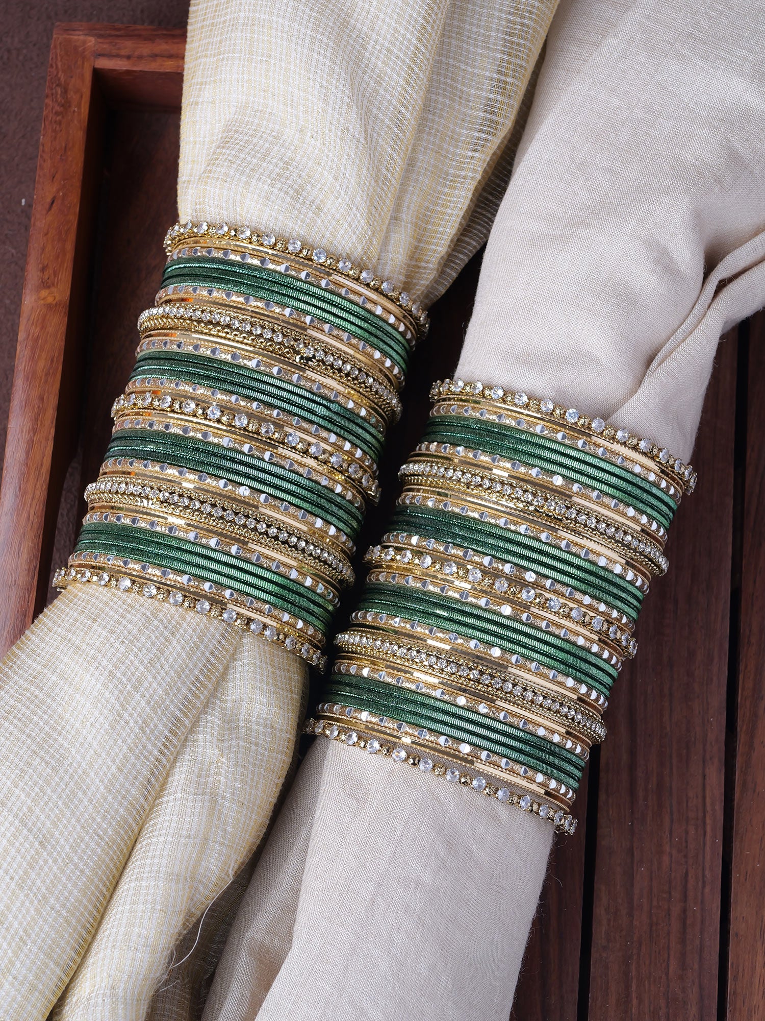 Rupal Two Hand Bangle Set in Green and Antique Gold