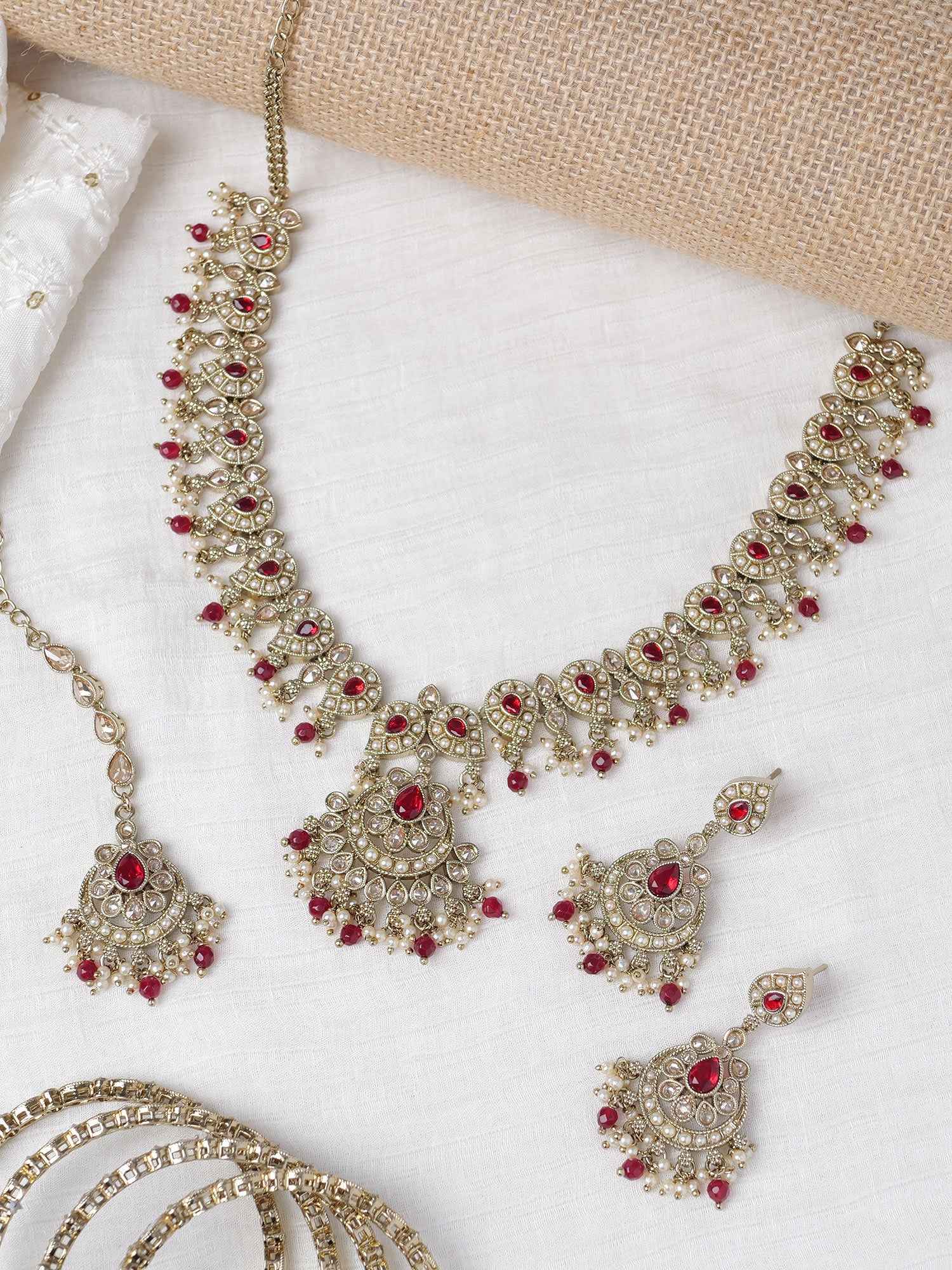 Saanvi Necklace Set in Maroon and Antique Gold