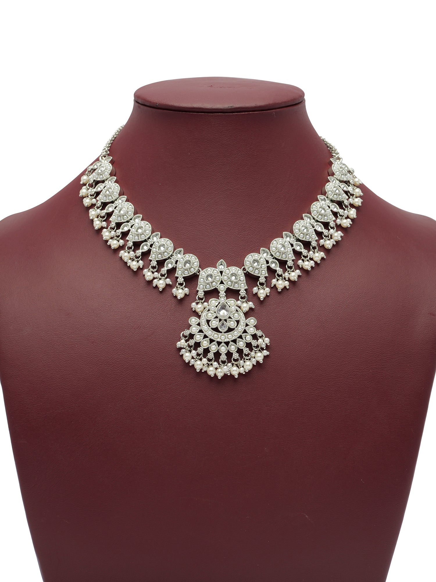 Saanvi Necklace Set in Pearl and Rhodium