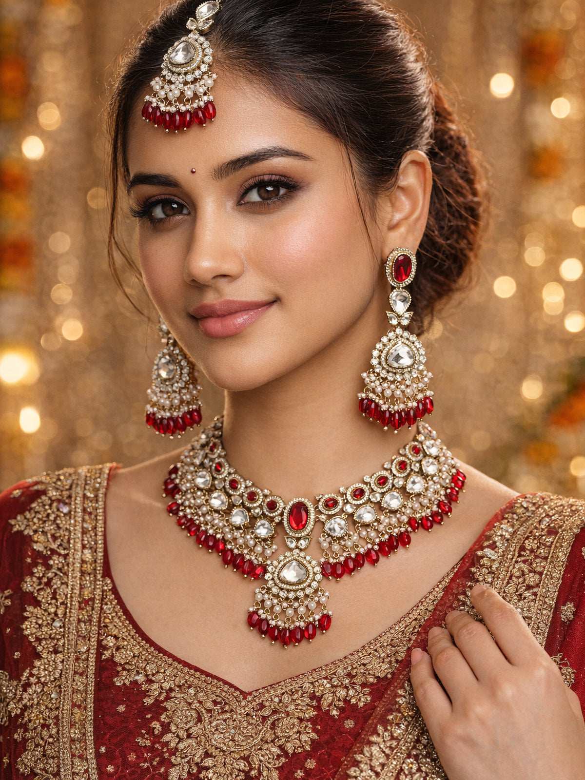 Sahiba Kundan Necklace Set in Maroon