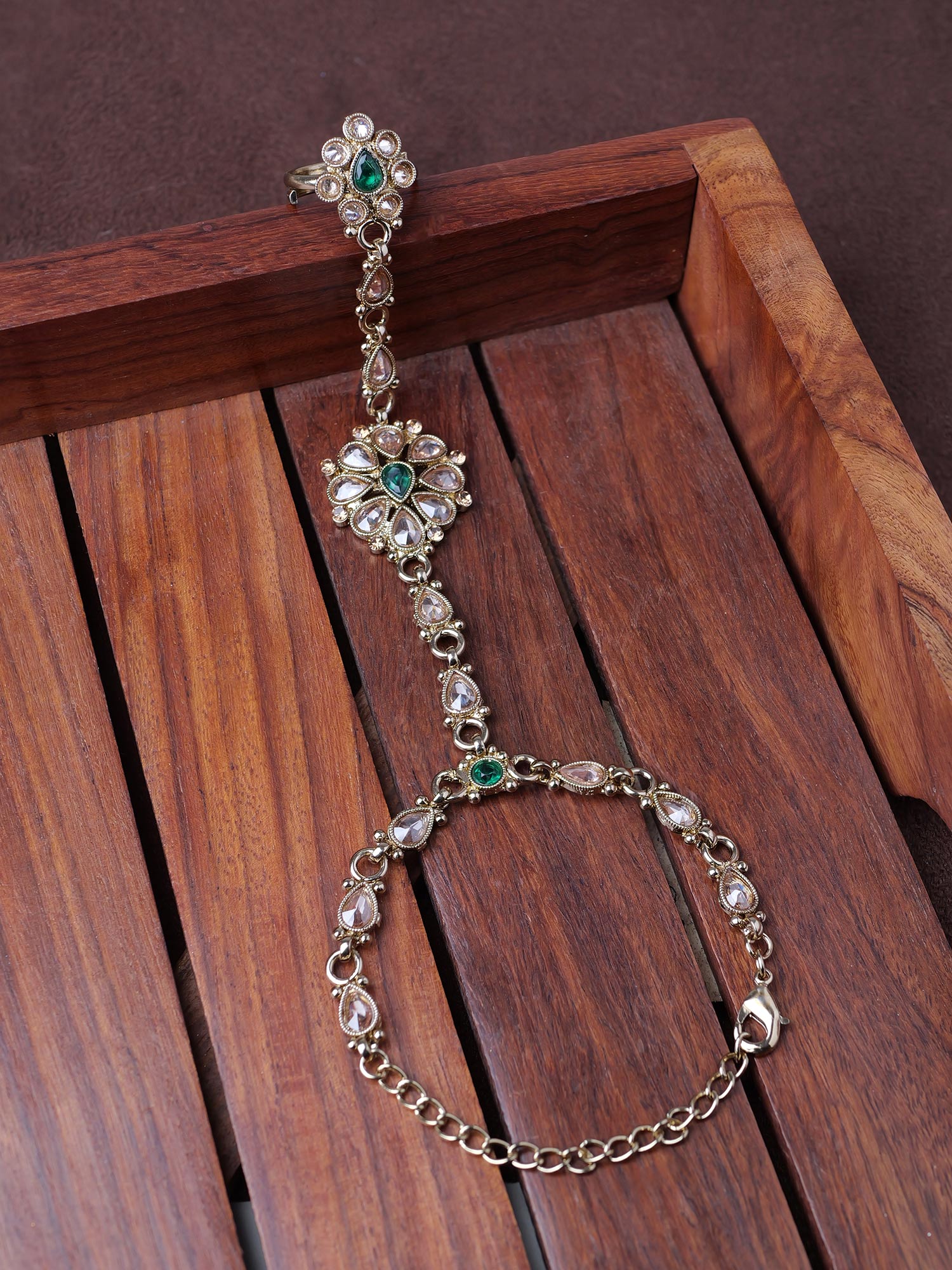 Saira Hand Chain in Green and Antique Gold