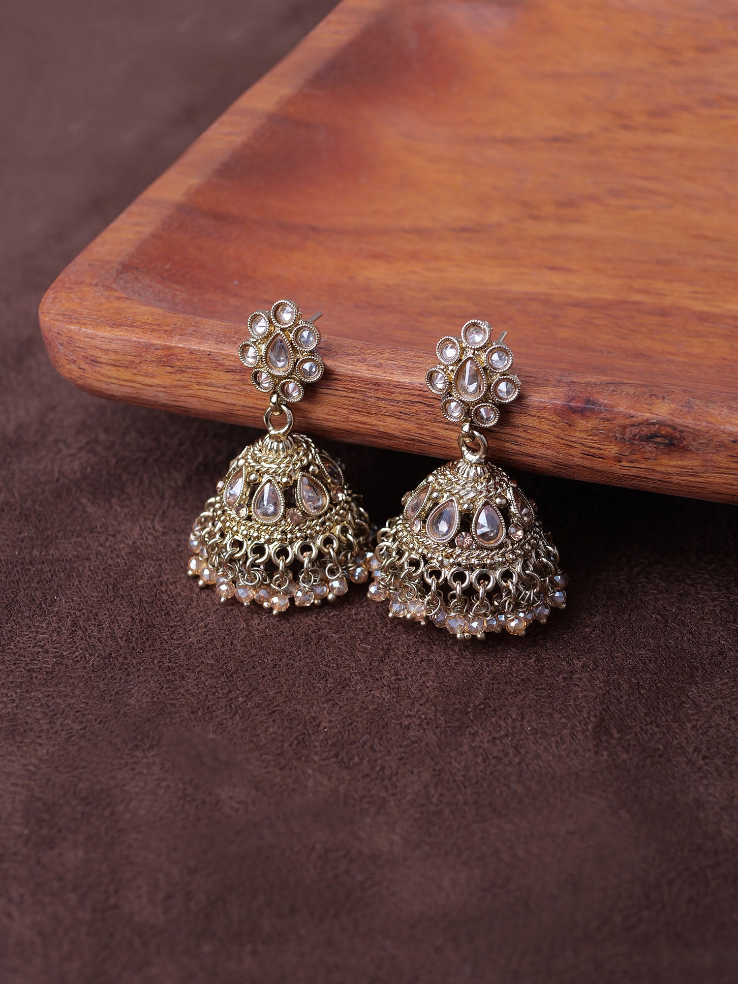 Saira Jhumka Earrings in Gold Crystal Bead
