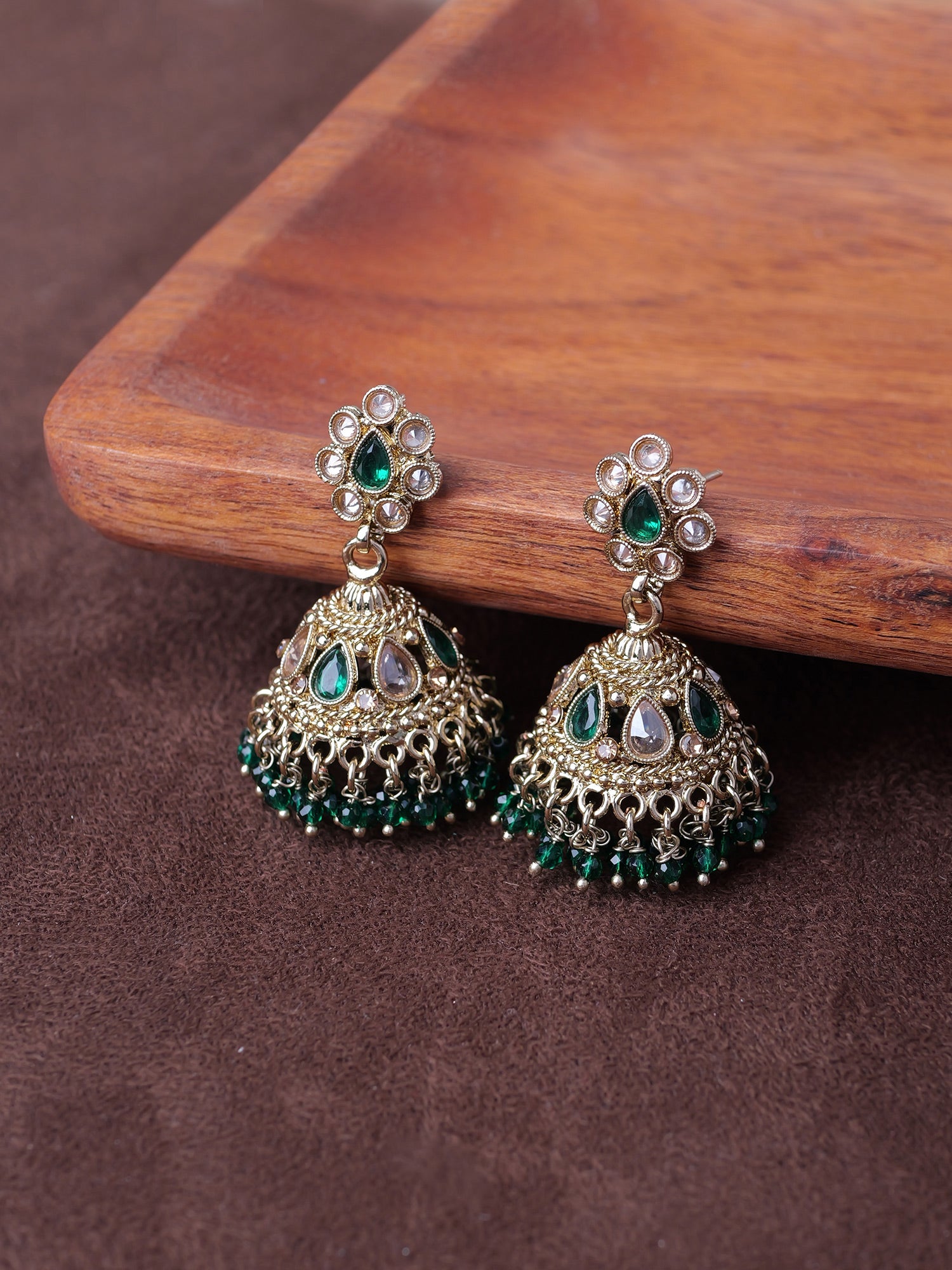 Saira Jhumka Earrings in Green and Antique Gold