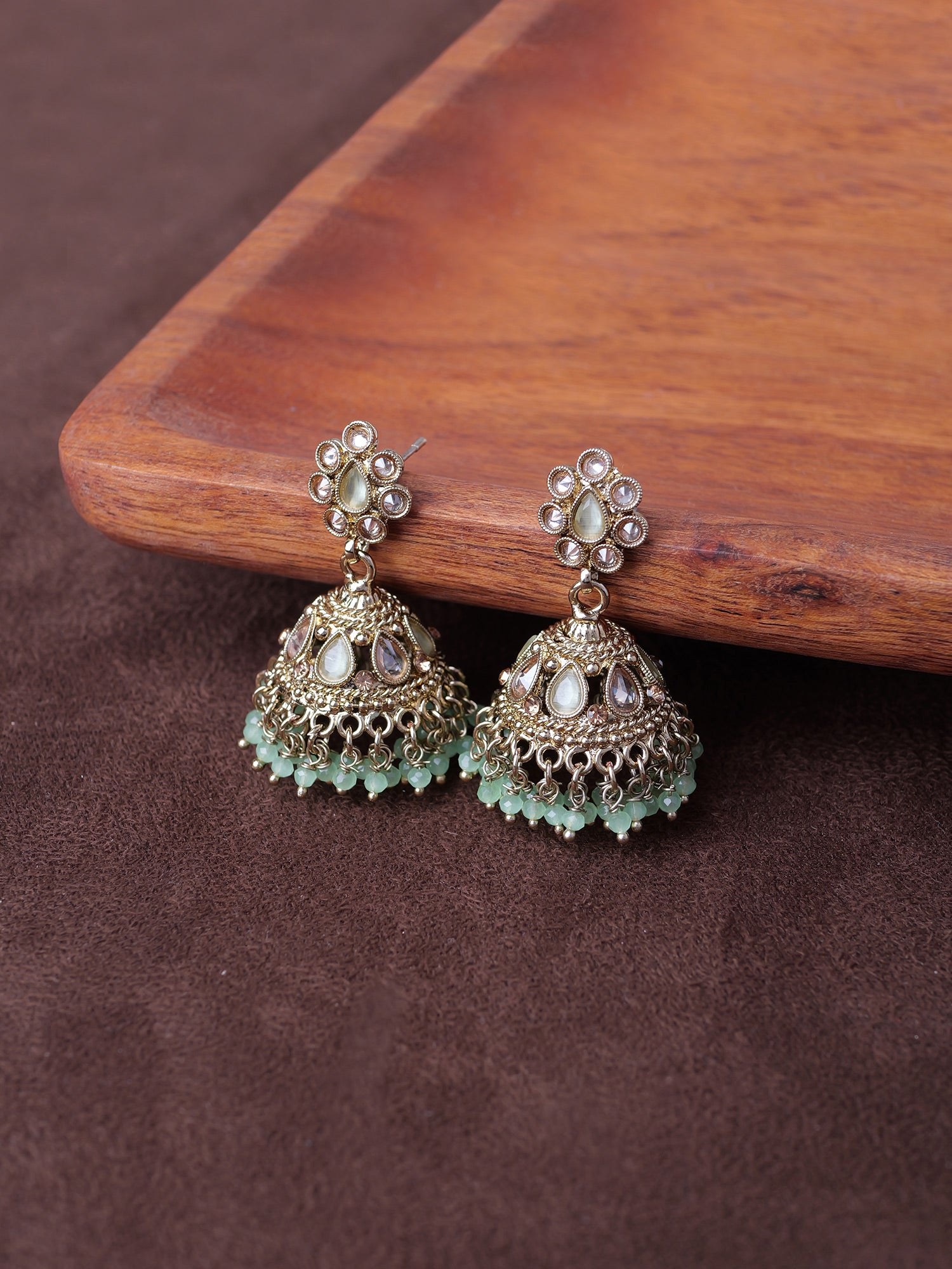 Saira Jhumka Earrings in Mint and Antique Gold