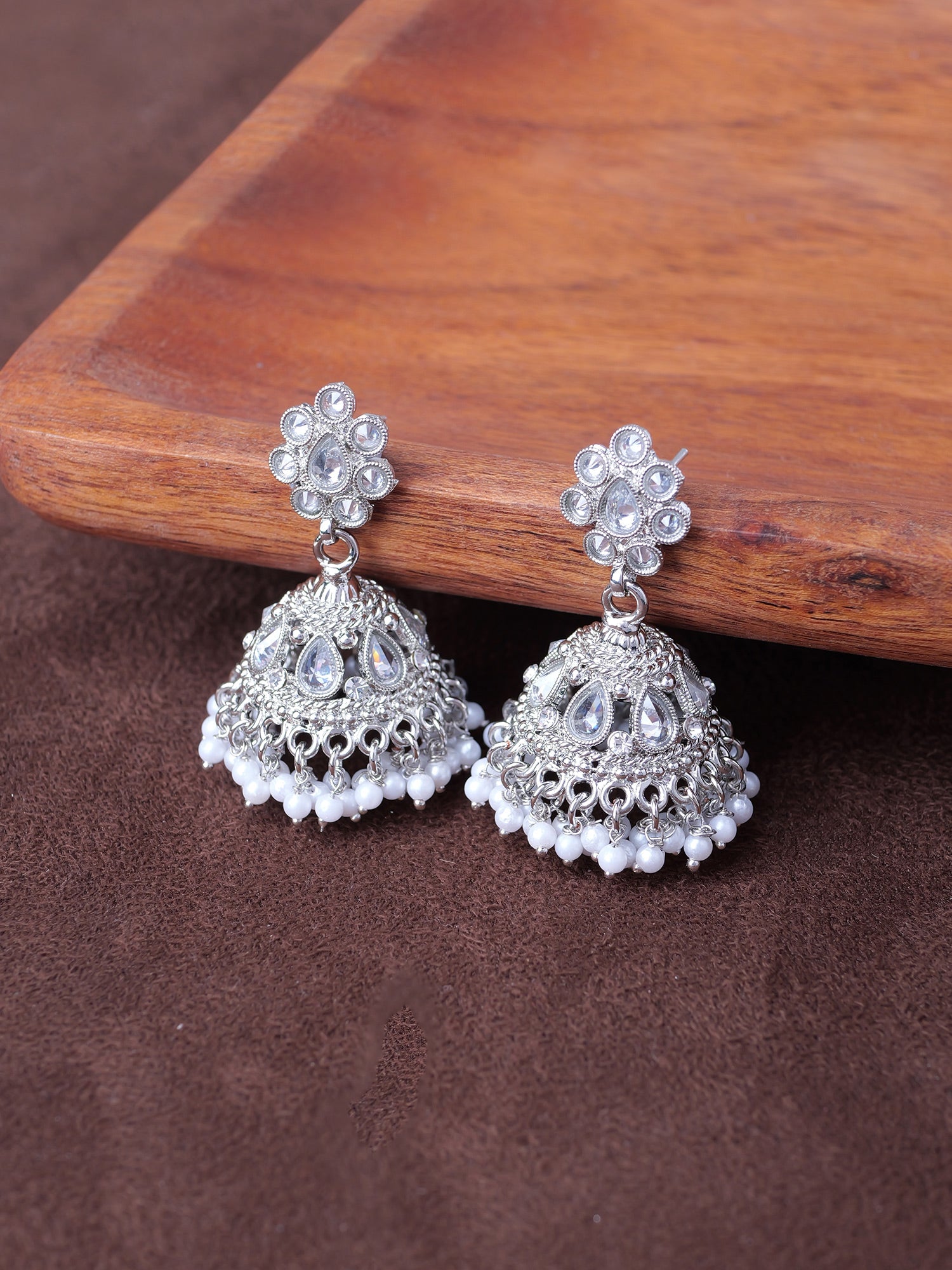 Saira Jhumka Earrings in Pearl and Rhodium