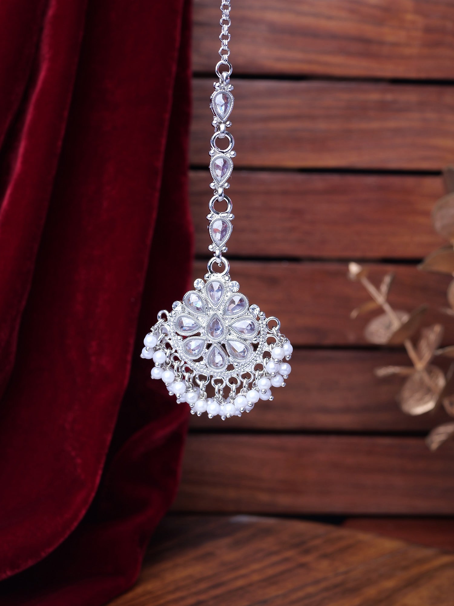 Saira Maang Tikka in Pearl and Rhodium