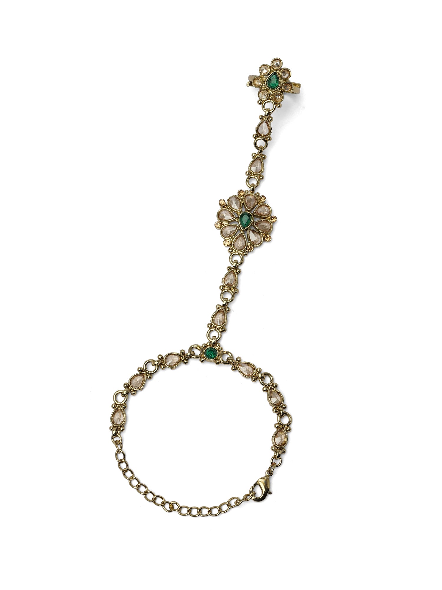 Saira Hand Chain in Green and Antique Gold