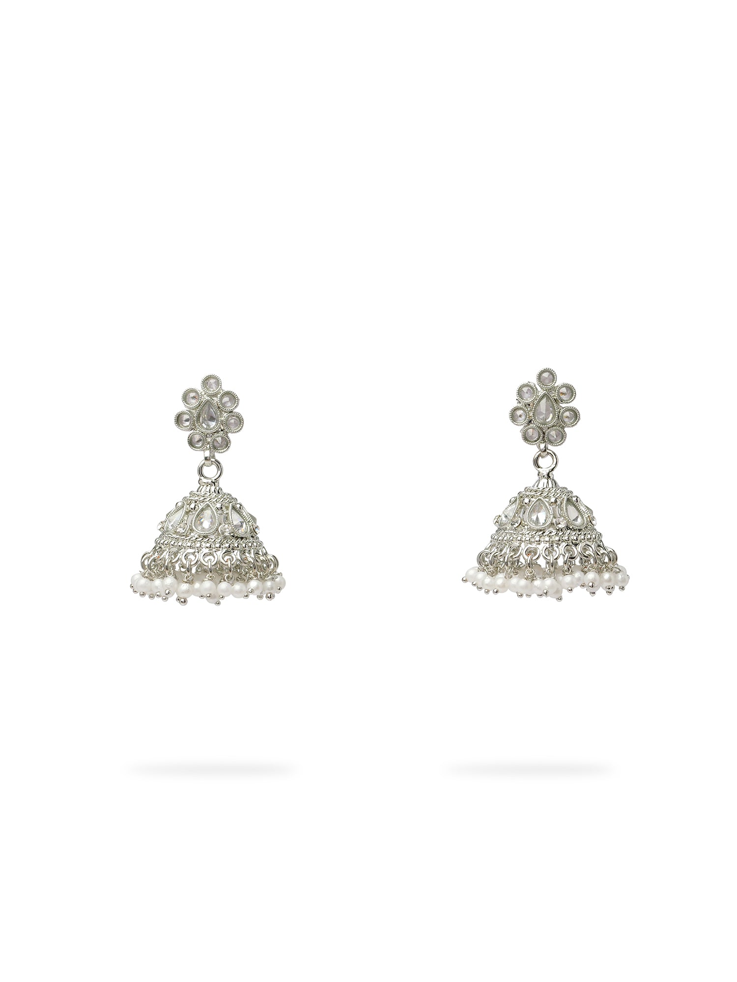 Saira Jhumka Earrings in Pearl and Rhodium
