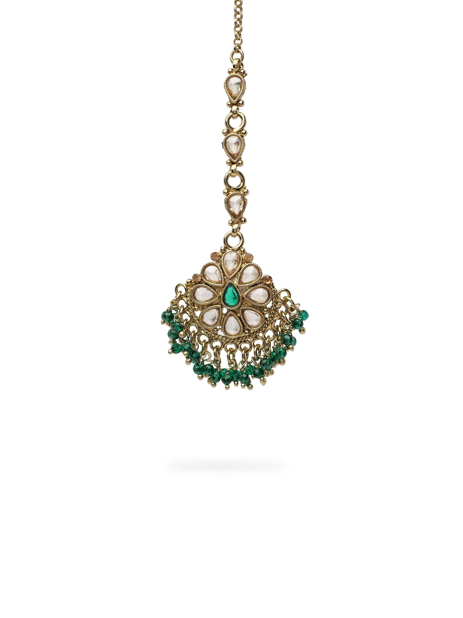 Saira Maang Tikka in Green and Antique Gold