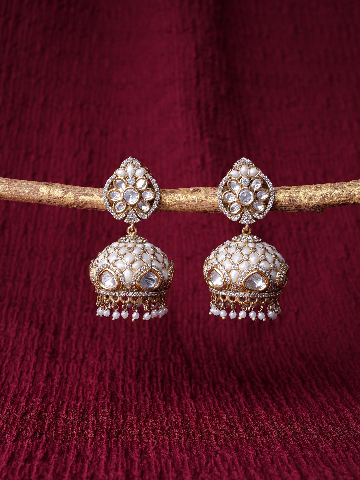 Sarafina Kundan and Minakari Jhumka Earrings in White