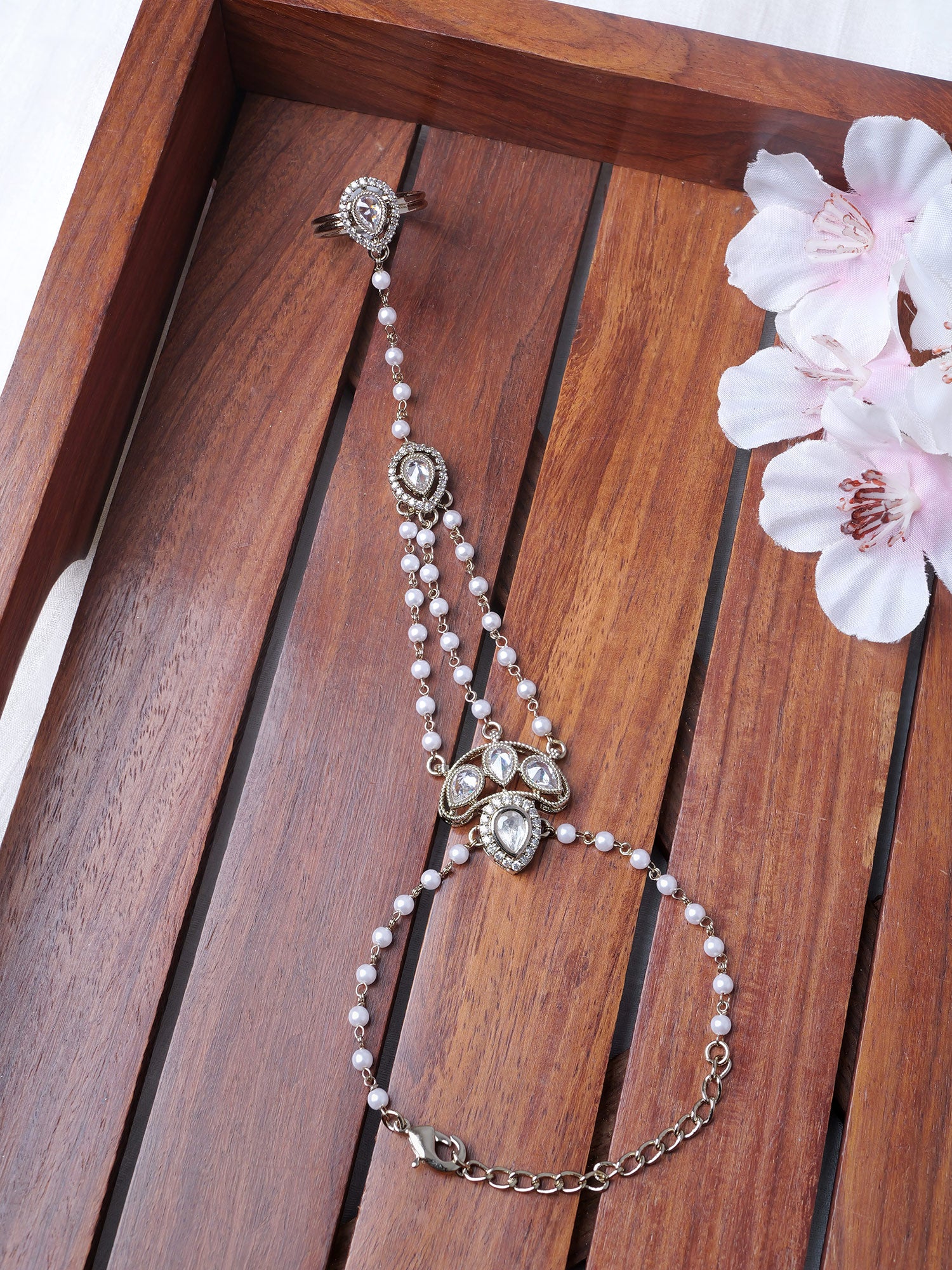 Savina Hand Chain in White and Antique Gold