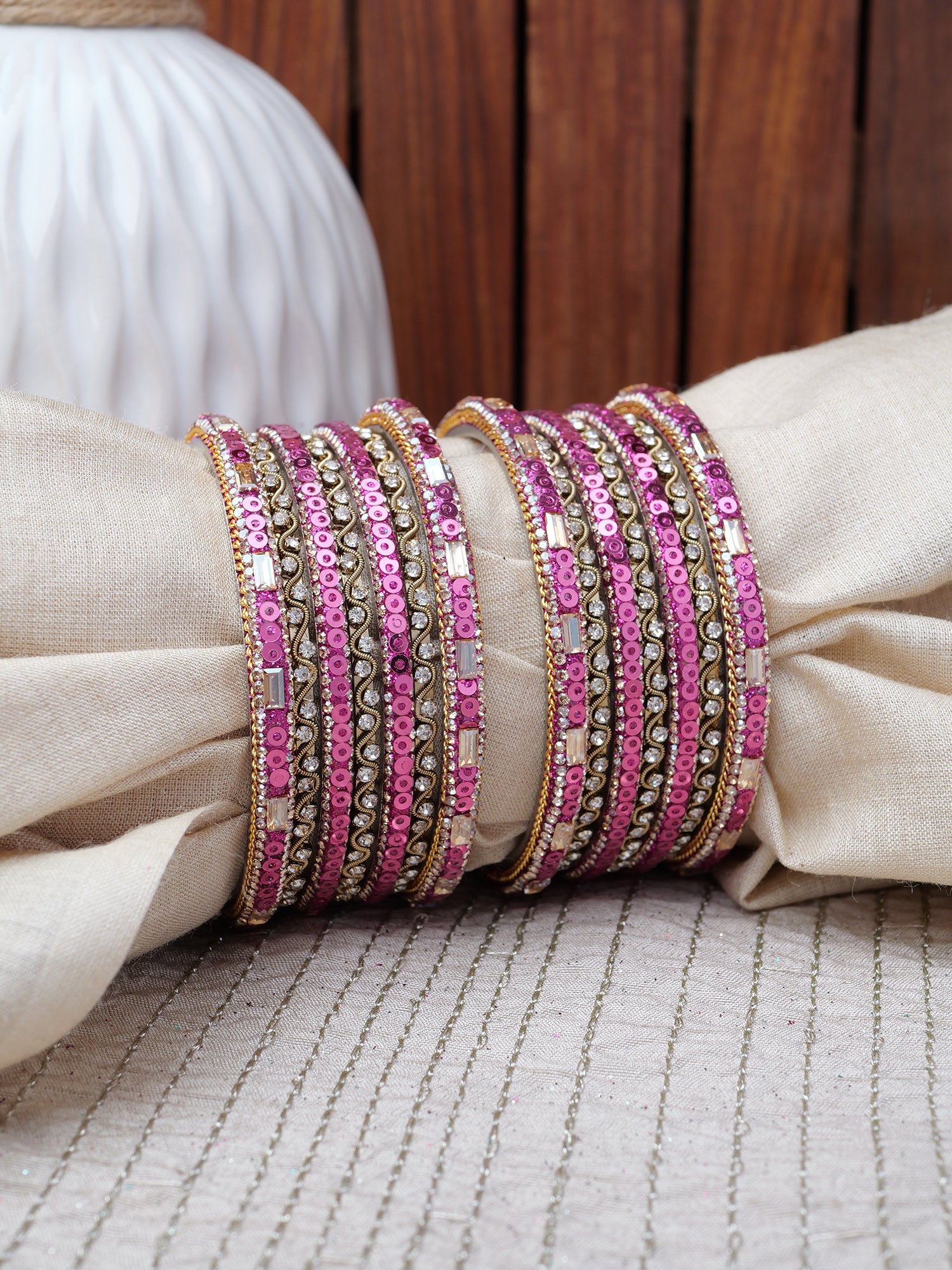 Selina Sequins Bangle Set in Dark Pink