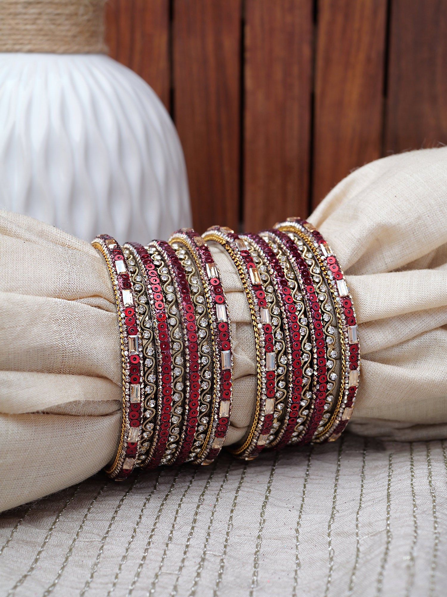 Selina Sequins Bangle Set in Maroon