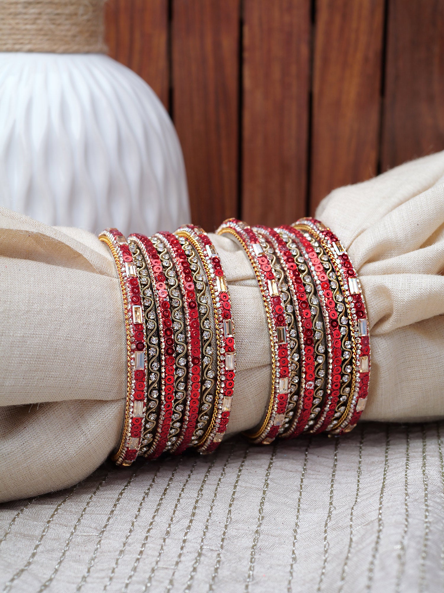 Selina Sequins Bangle Set in Red