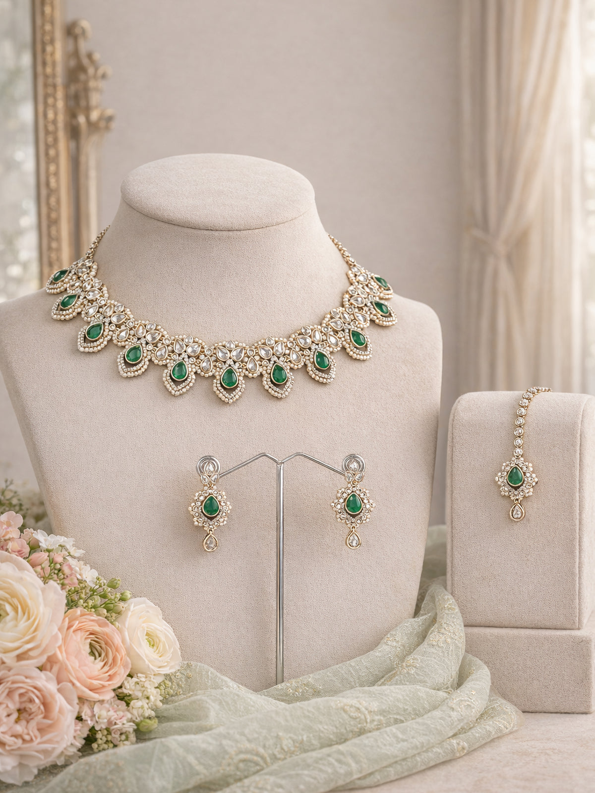 Selina Necklace Set in Pearl and Green