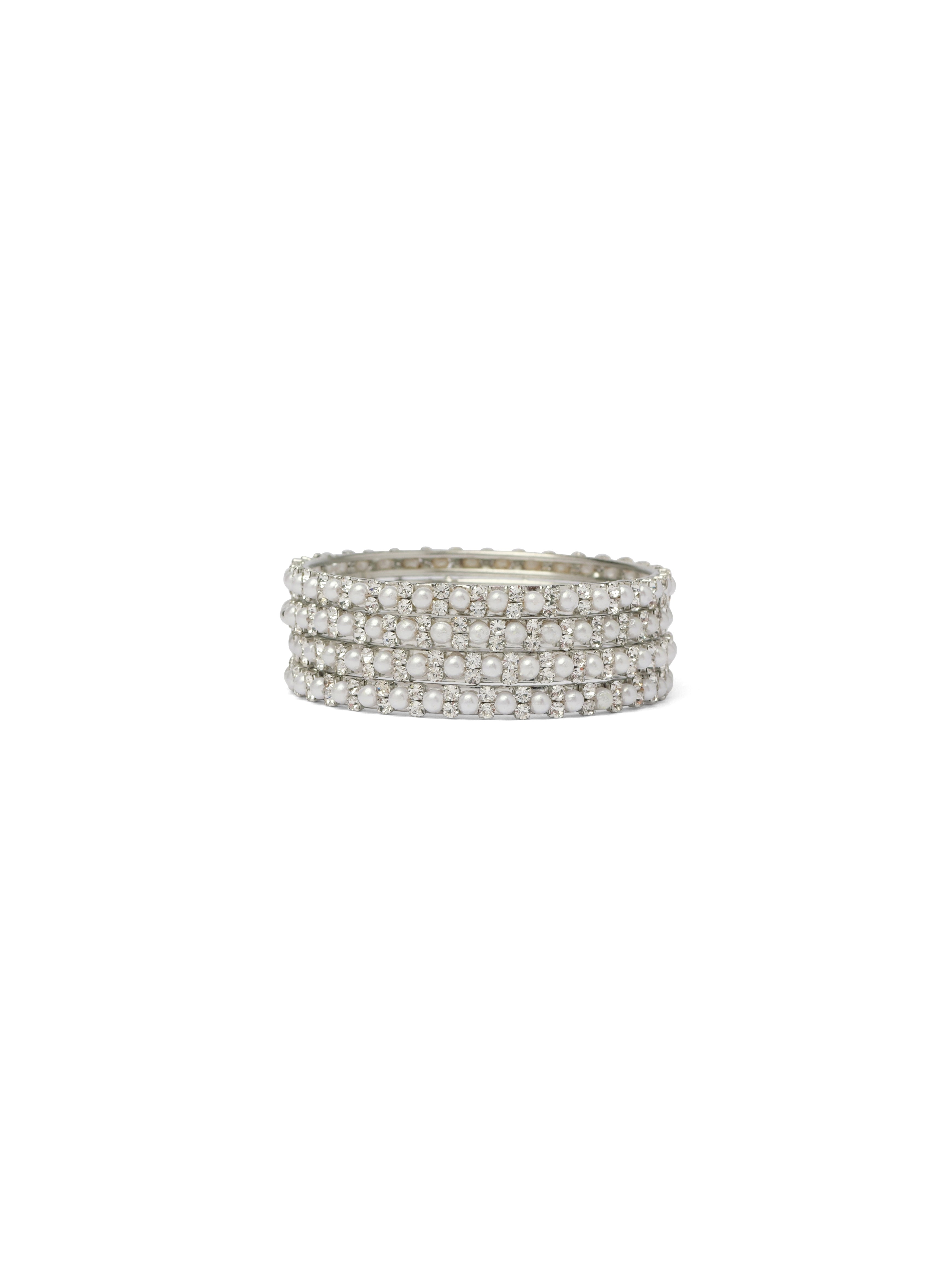 Children's Set of 4 Pearl and Diamante Bangles in Rhodium