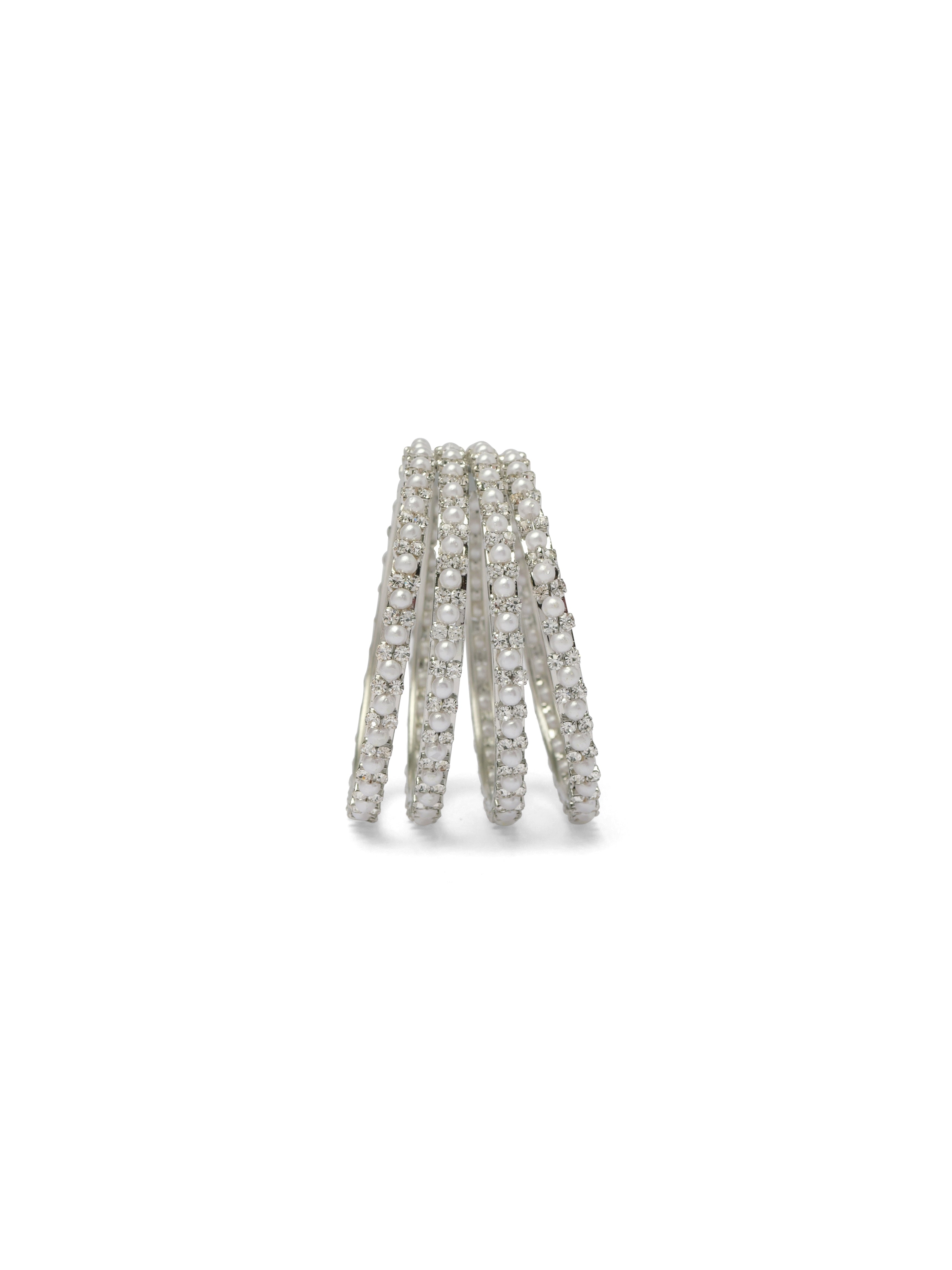 Children's Set of 4 Pearl and Diamante Bangles in Rhodium