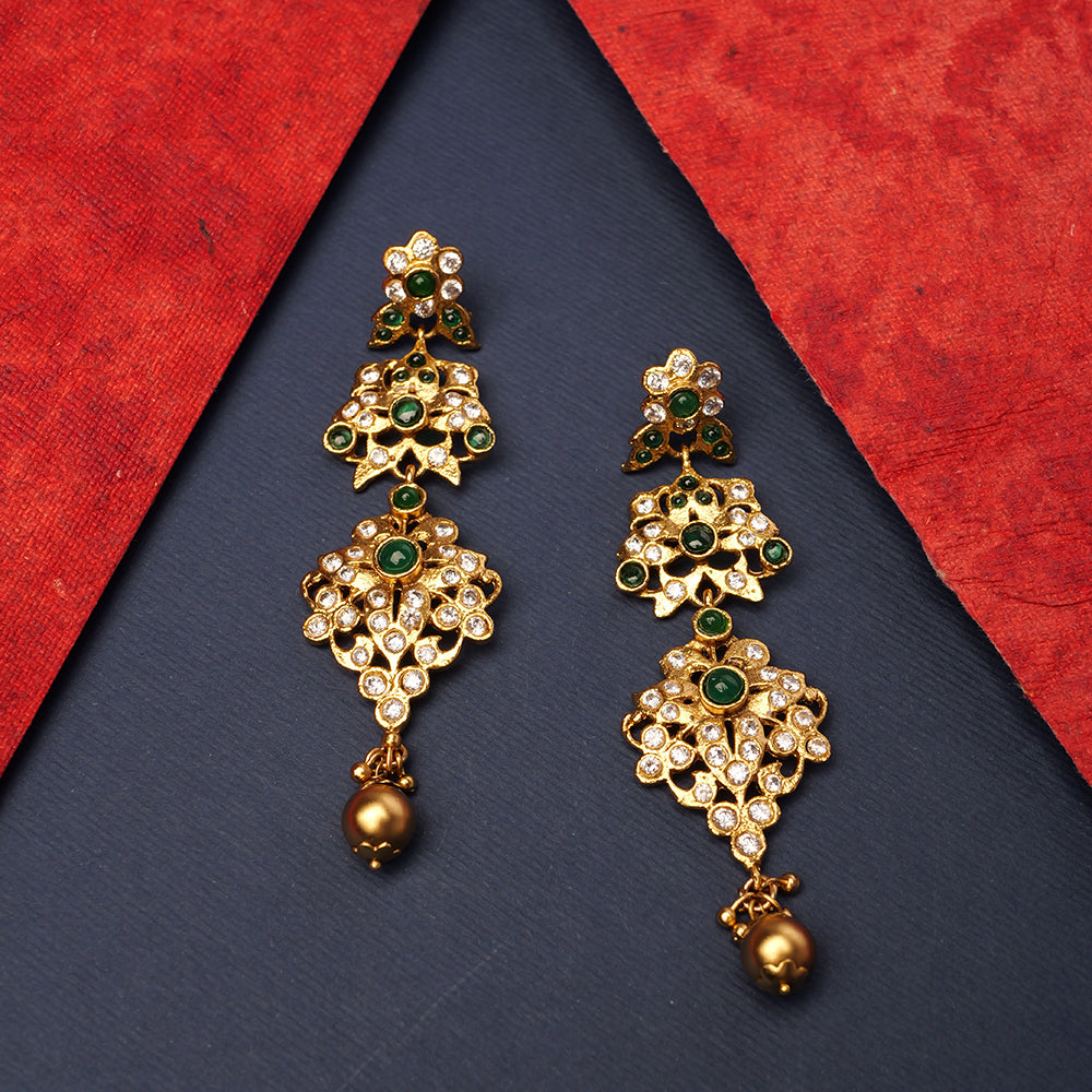 Shahira Long Earrings in Green and Antique Gold