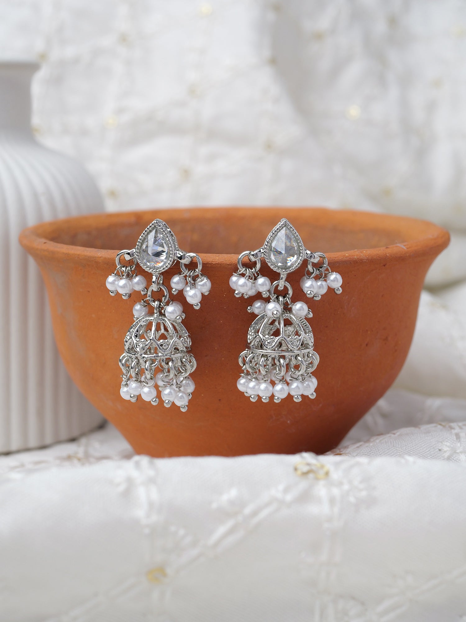 Shaila Jhumka Earrings in Rhodium