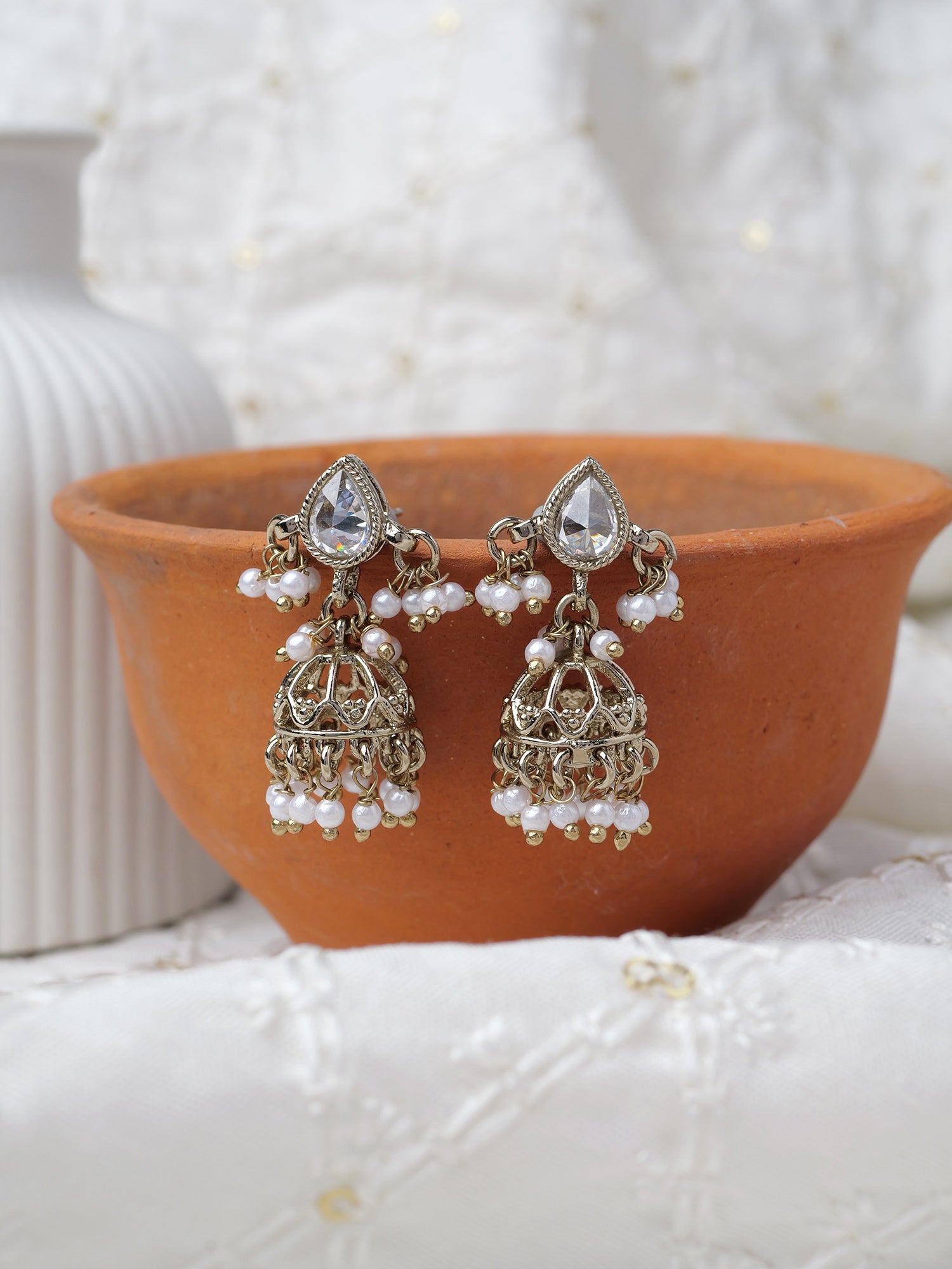 Shaila Jhumka Earrings in White