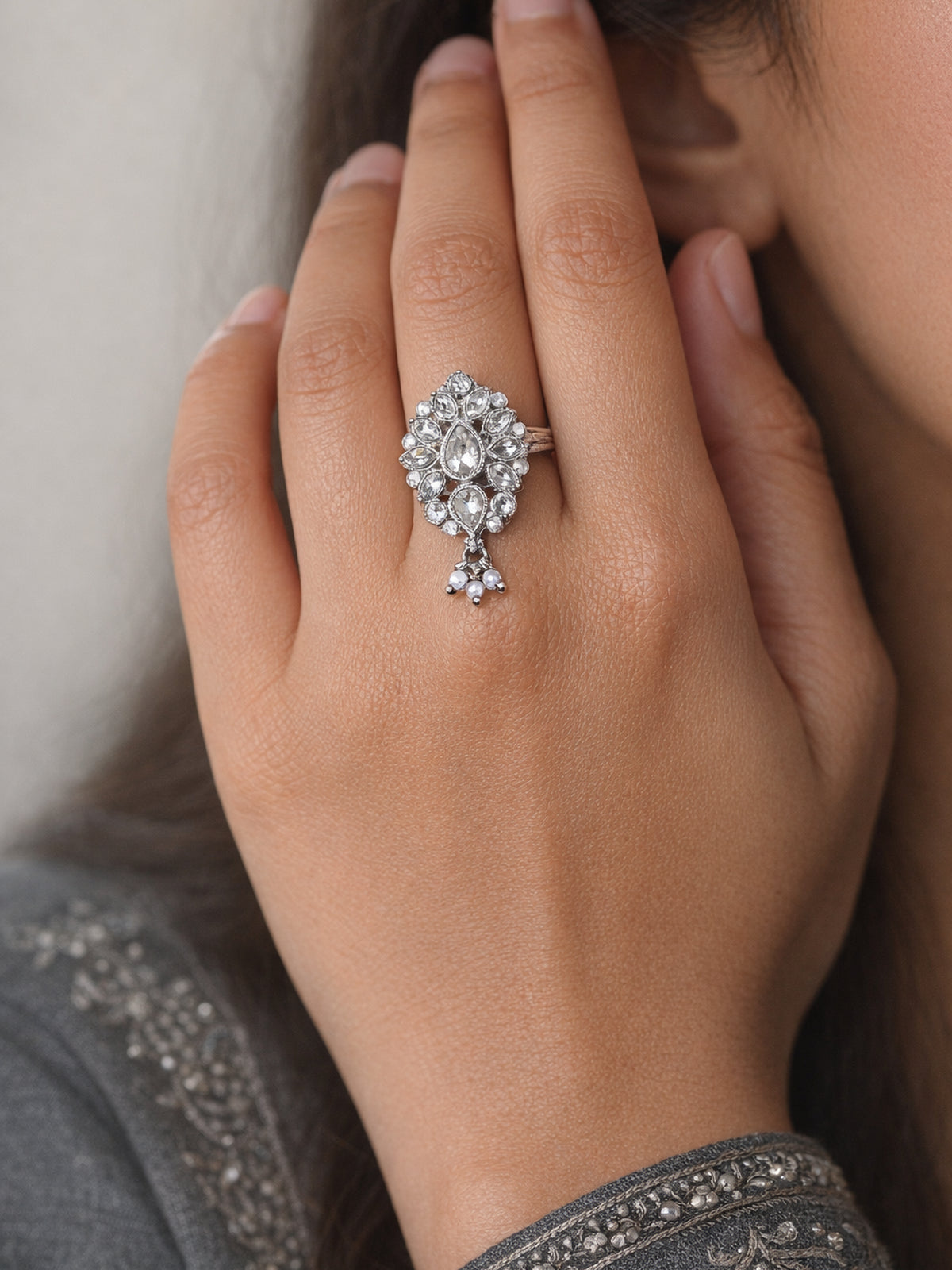 Sharvi Pearl Ring in Rhodium