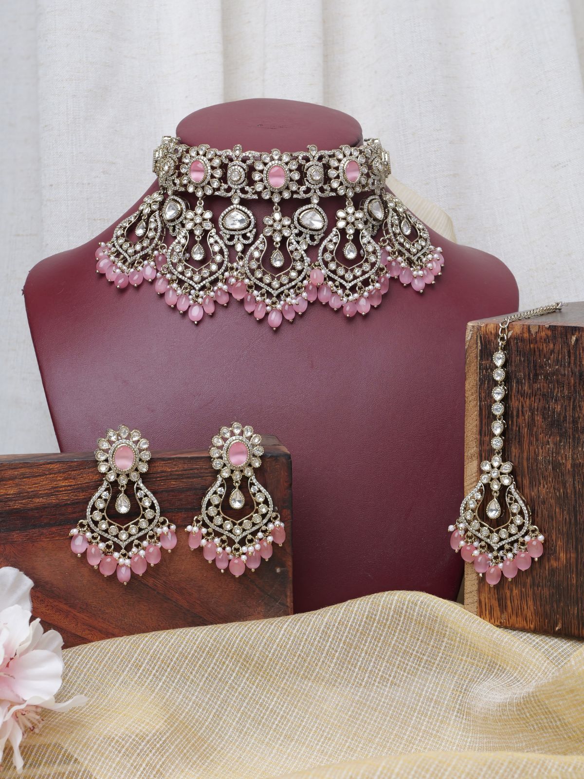 Shehnaz Bridal Necklace Set in Pink and Antique Gold