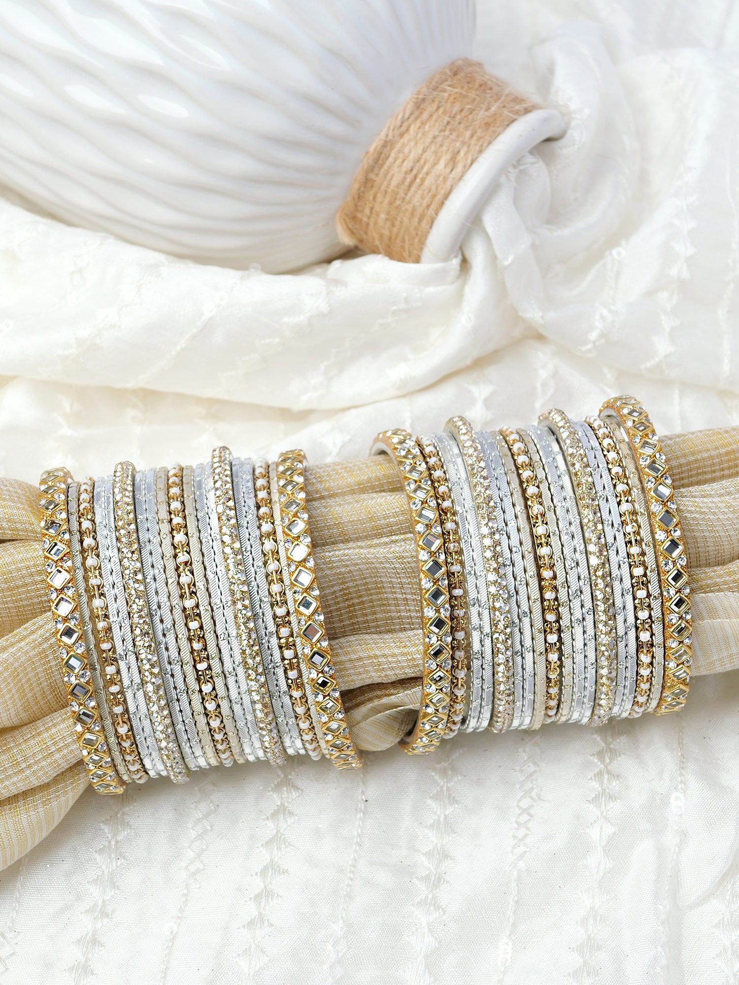 Shreya Bangle Set in White and Antique Gold