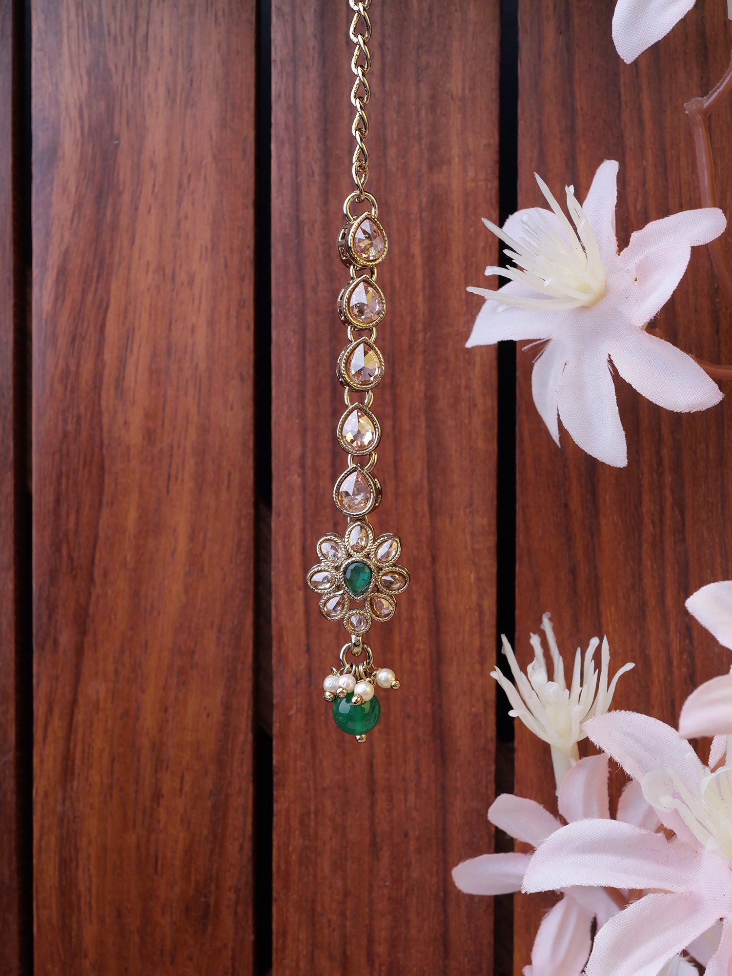 Small Floral Maang Tikka in Green