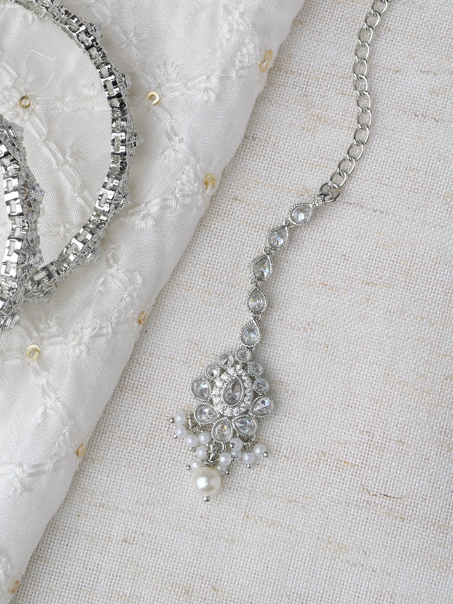 Sonal Pearl Maang Tikka in Rhodium