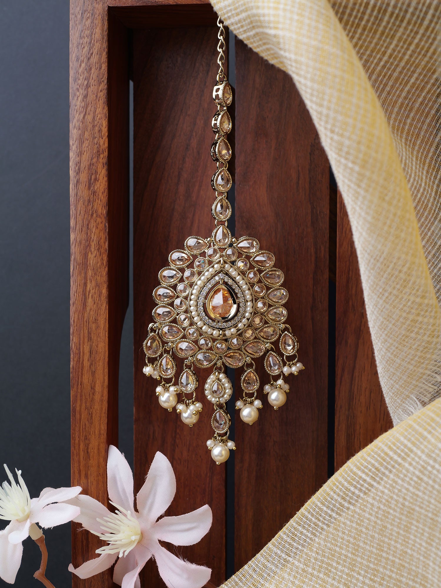 Sonam Maang Tikka in Champagne and Pearl