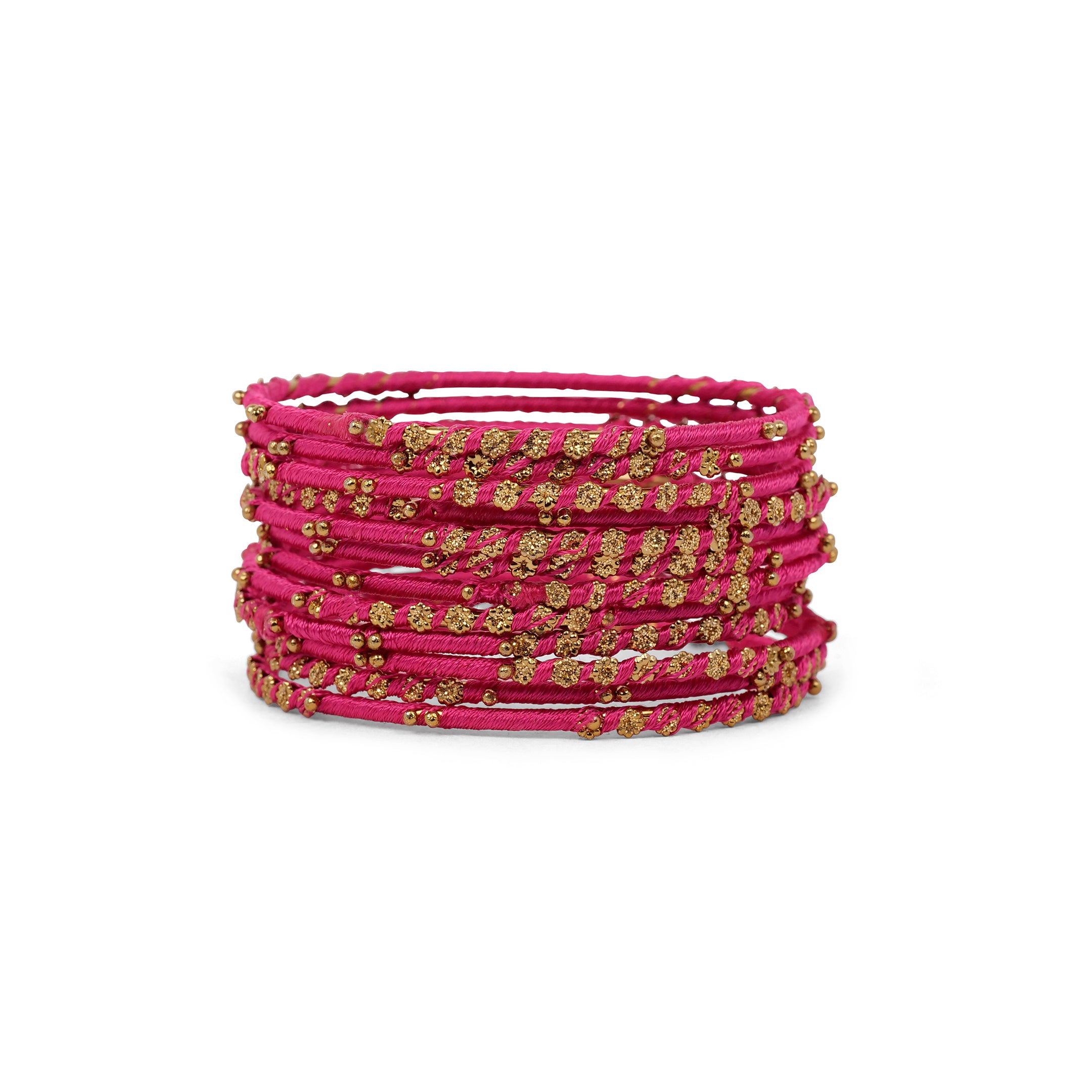 Set of 12 Floral Thead Bangles in Hot Pink